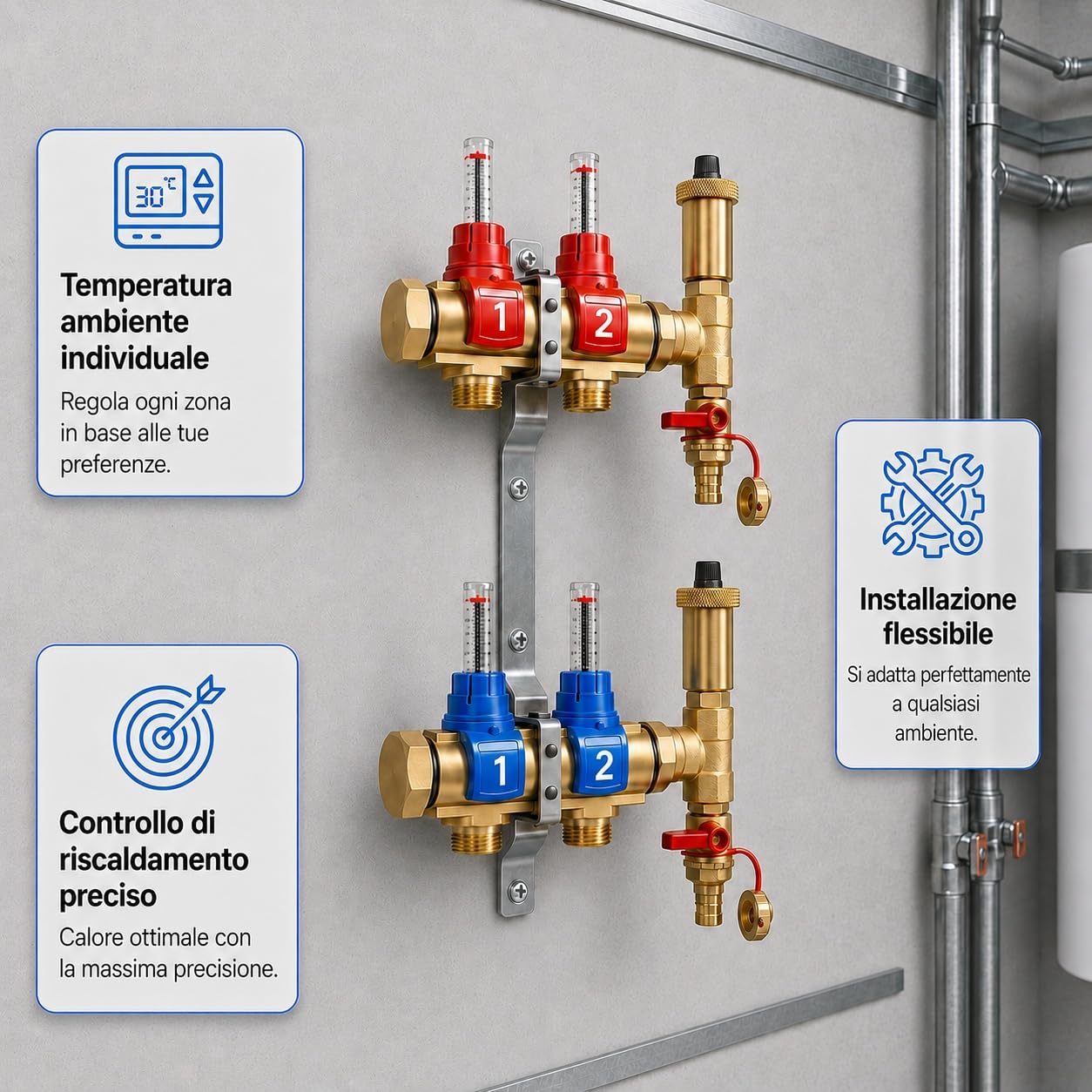 KNM Trade Collettore Riscaldamento Pavimento Ottone 8 Circuiti | controllo indipendente, valvole a sfera, valvole di sfiato, filettature standard, impianti a bassa temperatura