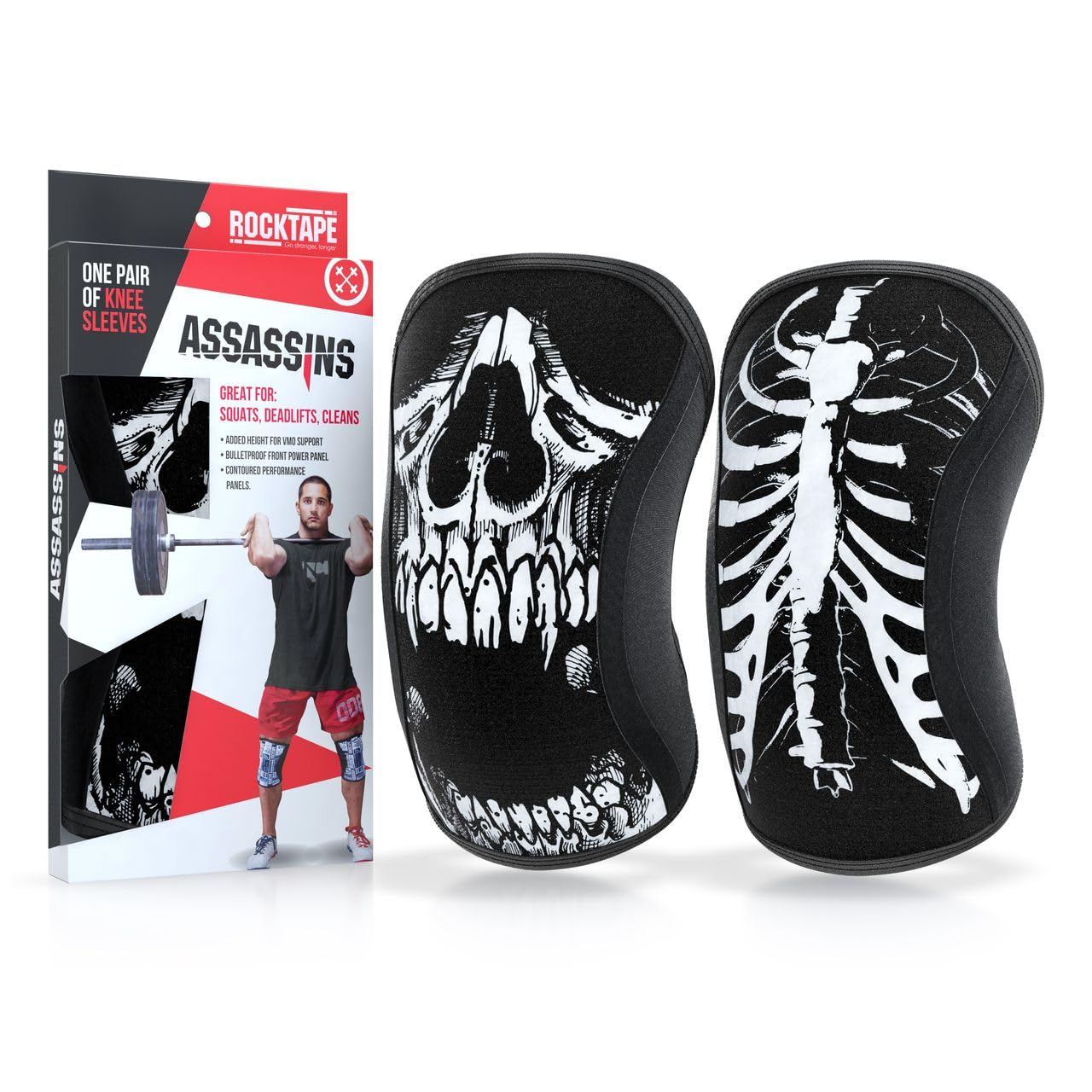 RockTape Assassins 7mm Knee Sleeves- Provides Compression, Warmth, and Lateral Stability,Durable Construction Made of Neoprene,Ideal for Deadlifts, Pistols, and Squats,Small,Skull