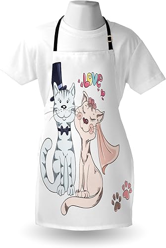 Miniatura 3 de Lunarable Delantal de animales, novio, novia, gato, boda, felino, boda, matrimonio, romance, feliz ceremonia, babero de cocina unisex con cuello