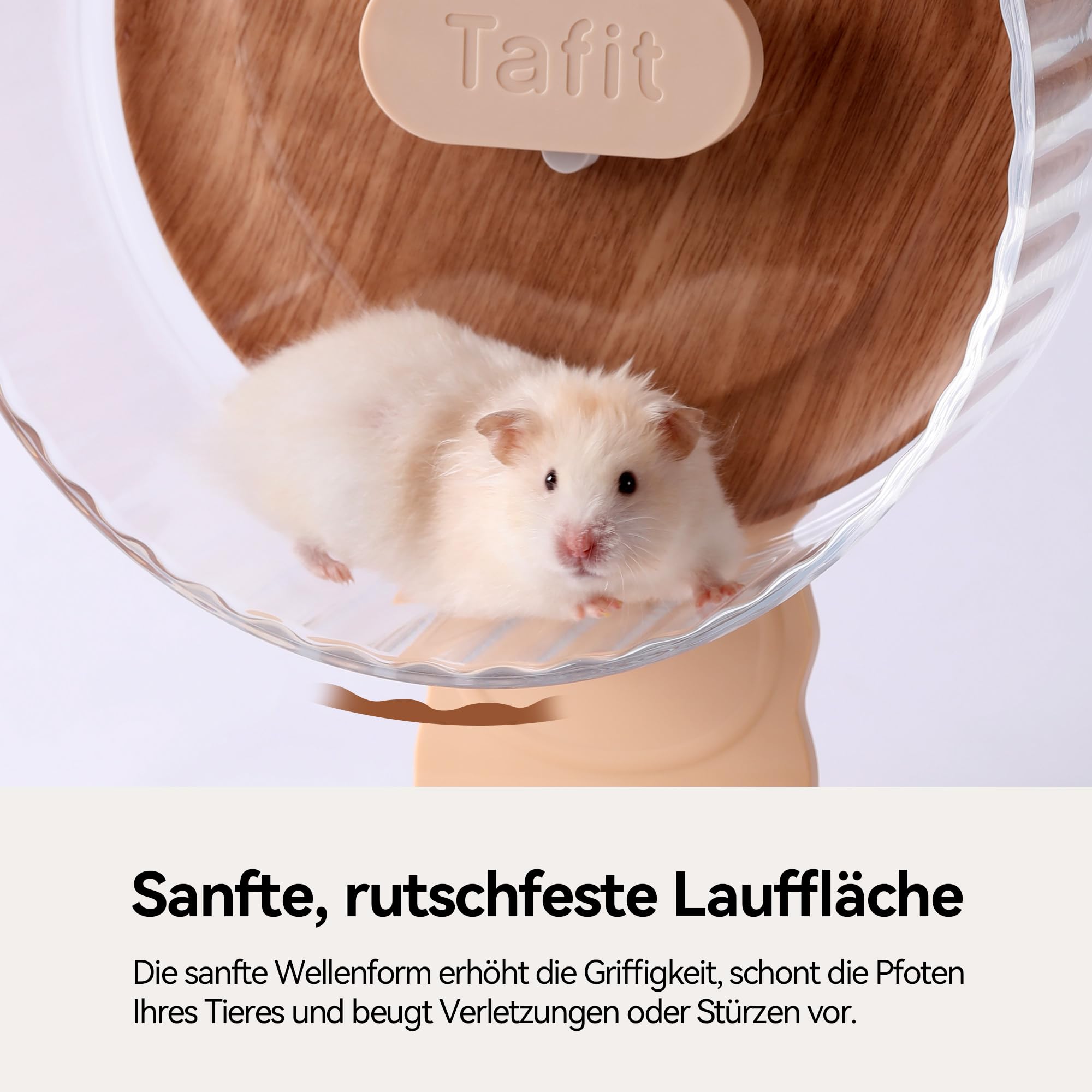Silent Hamsterrad 22 cm mit Holzoptik-Rückwand – Höhenverstellbares, leises Laufrad mit Doppellagern für Zwerghamster, Mäuse, Igel & Kleintiere (Warmbraun)