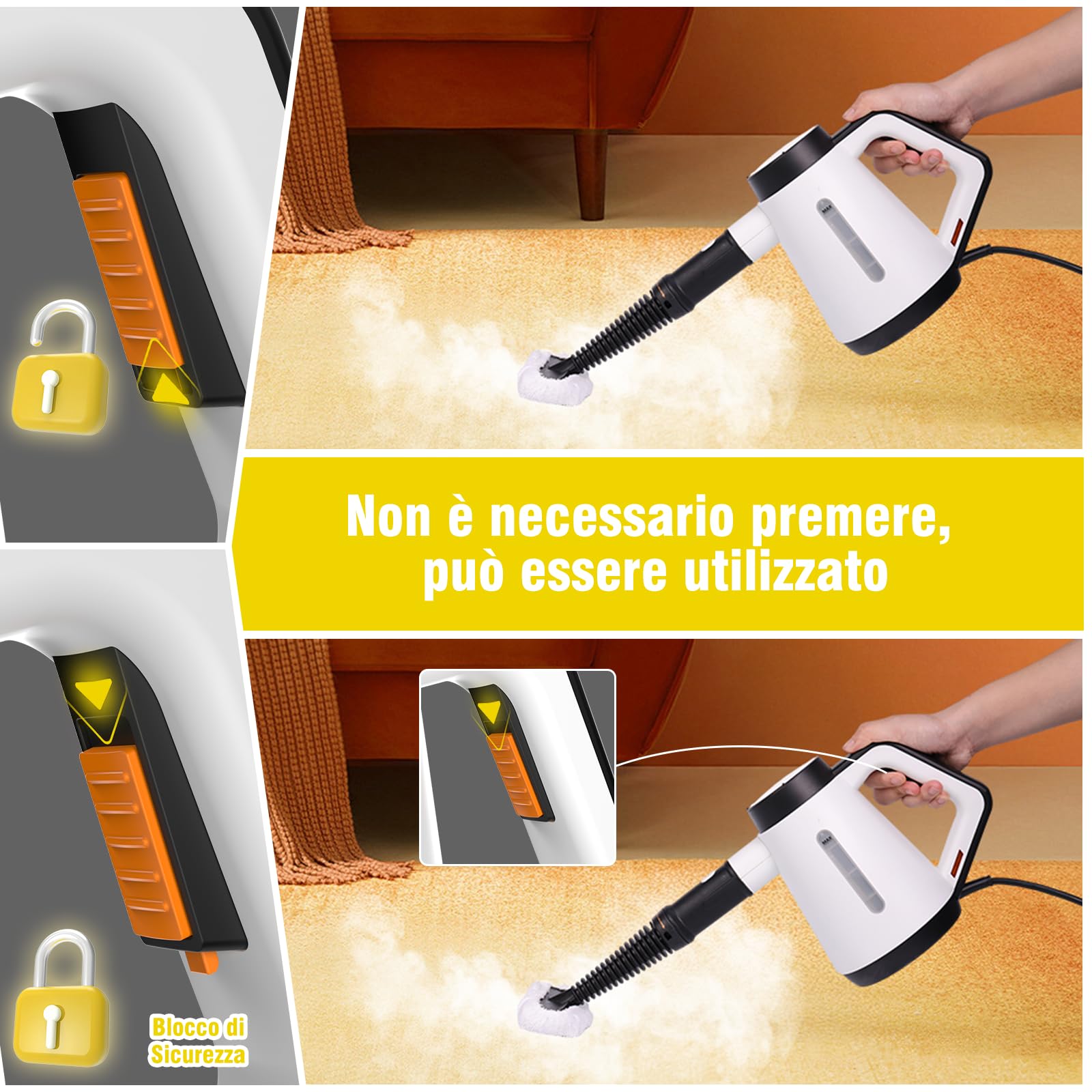 Fippesax Pulitore a vapore, pulitore a vapore multiuso pressurizzato da 400 ml, calore istantaneo da 15 secondi, con 9 accessori, pulitore a vapore da 1200W (bianco)