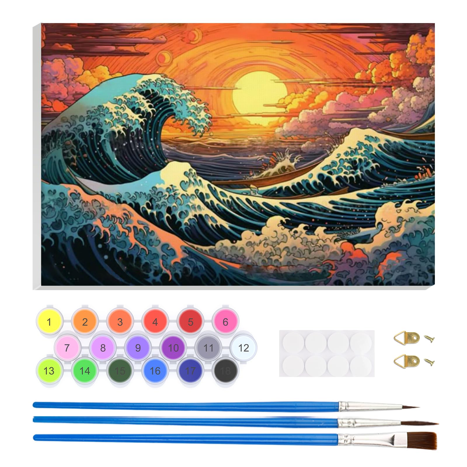 EOBROMD Ocean Kanagawa Waves Sunset Paint by Numbers for Adults with Frame, Great Wave Paint by Numbers Kits, Acrylic Easy Painting by Numbers for Gift Home Wall Decor 8x12in