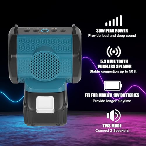 Miniatura 2 de KUNLUN Altavoz portátil inalámbrico compatible con batería Makita de 18 V, altavoz de dientes azules de 30 W, salida USB, fuente de audio USB y