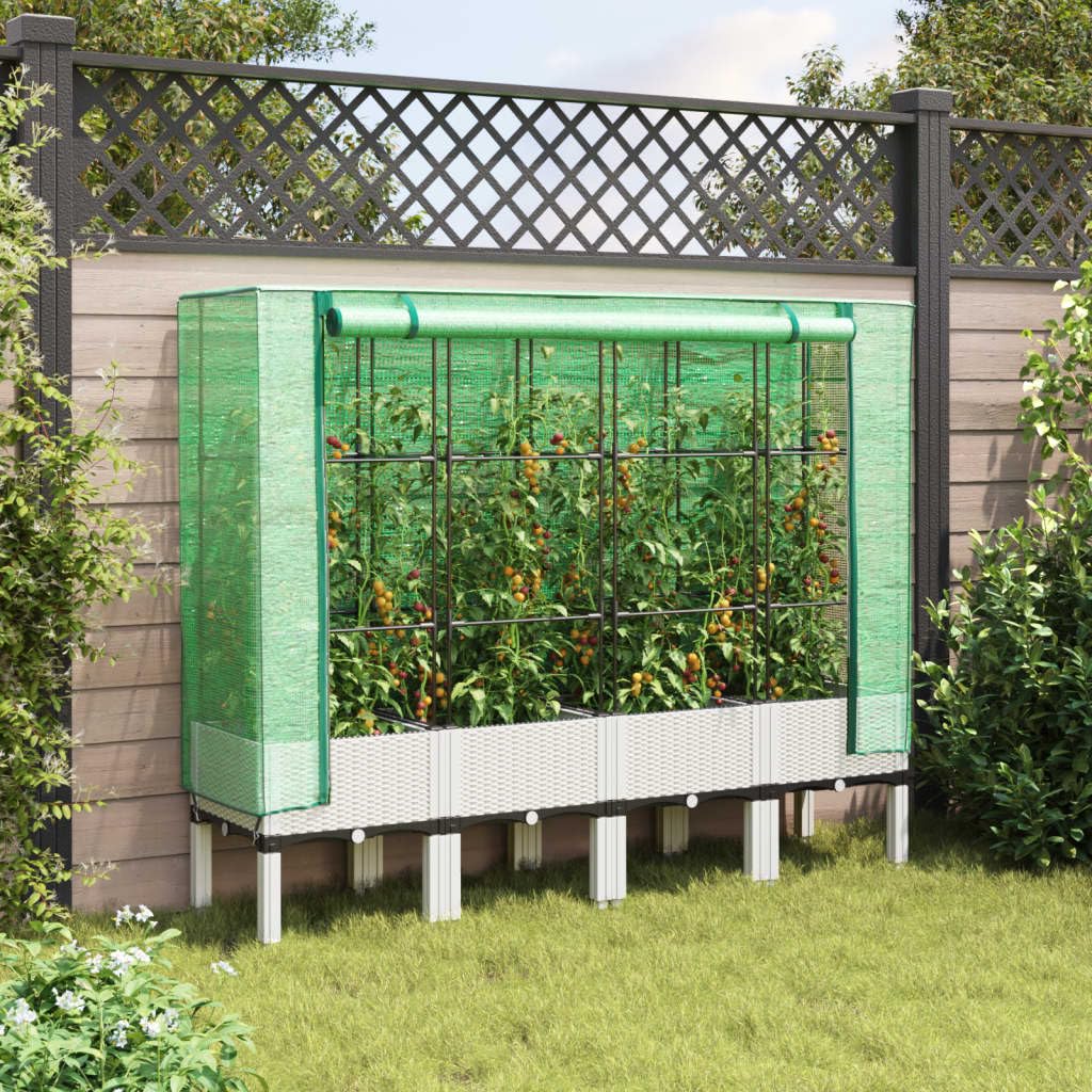 Bancal con accesorio de invernadero, aspecto de ratán, 160 x 40 x 140 cm, polipropileno, para jardín, terraza y balcón