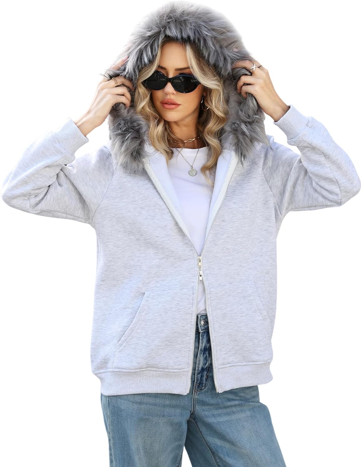 Wyeysyt Women's Y2k Hoodie Jacket Faux Fur Zip Up 2000s Clothing Emo Grunge Coat 90S Hood Vintage Teen Sweatshirts