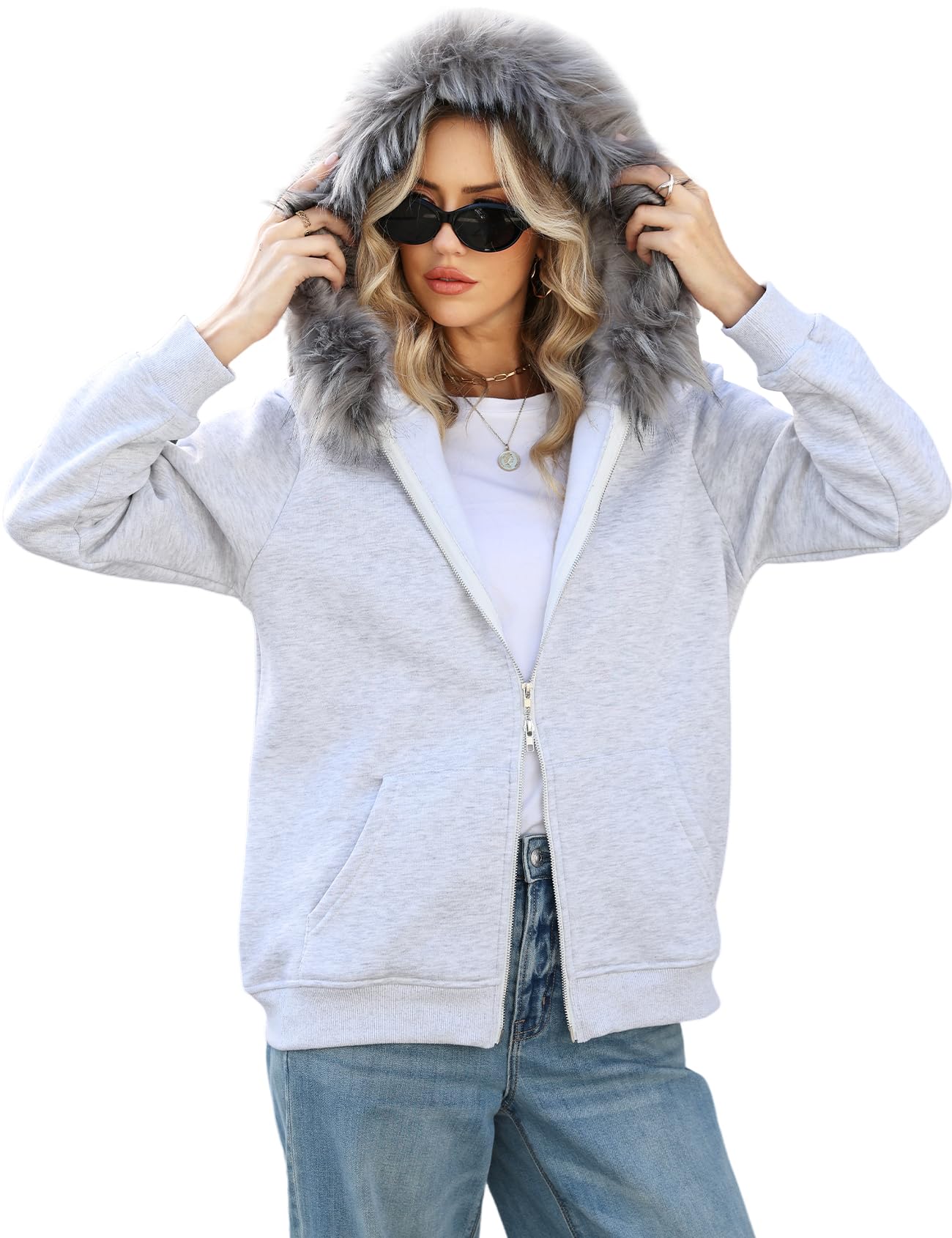 Wyeysyt Damen Y2k Kapuzenjacke Kunstfell Reißverschluss 2000er Jahre Kleidung Emo Grunge Mantel 90er Jahre Kapuze Vintage Teen Sweatshirts