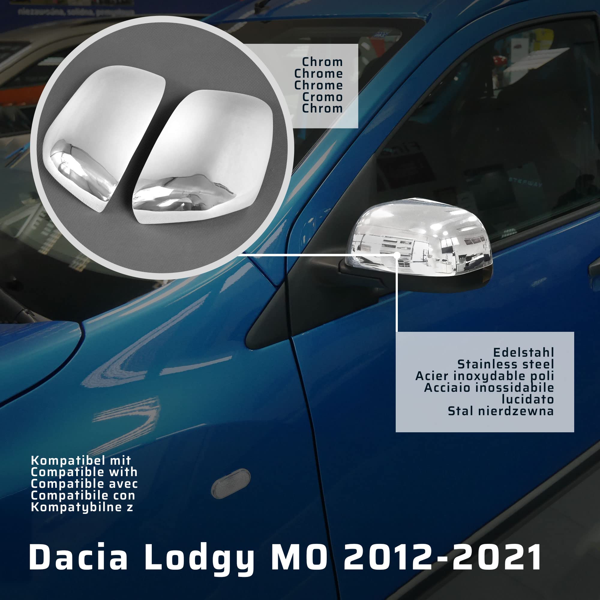 CHROMEMASTER | Nakładki na Lusterka Zewnętrzne | Kompatybilne z Dacia Lodgy M0 2012-2021 | Stal nierdzewna; Osłony Lusterek to Niepowtarzalny Wygląd Auta i Ochrona Przed Uszkodzeniem