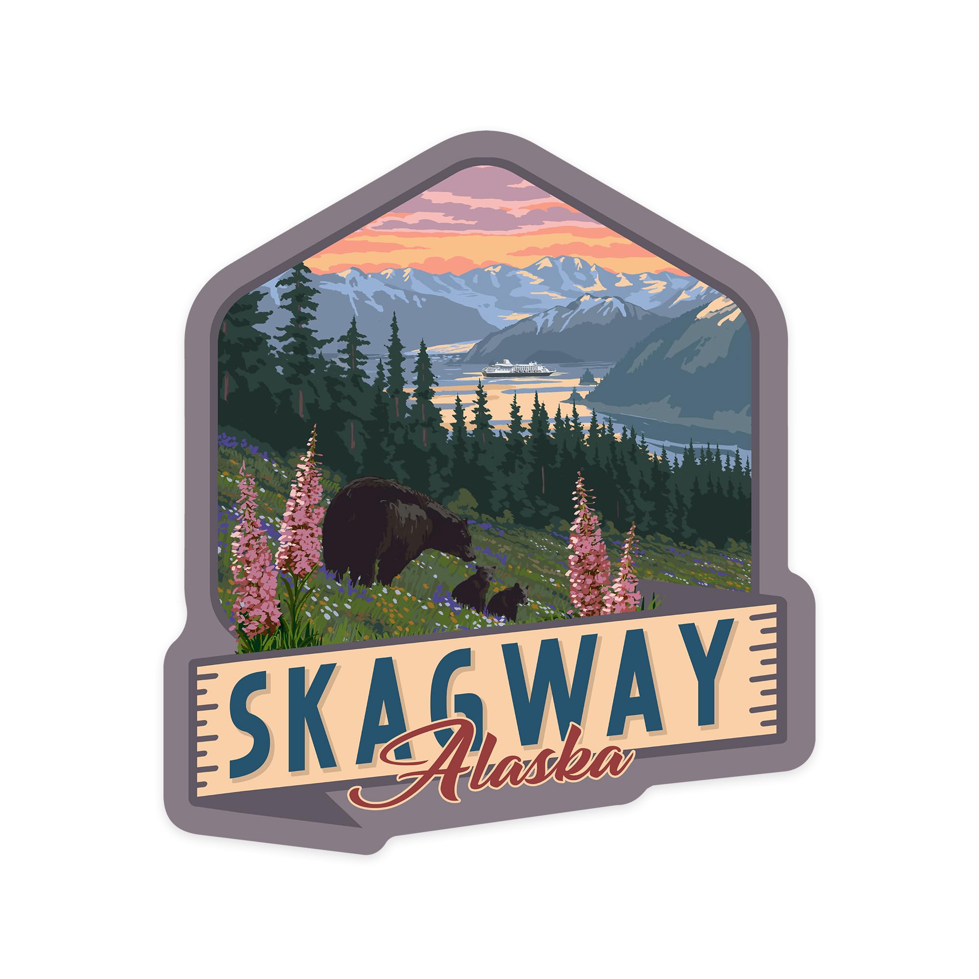 Die Cut Sticker Skagway, Alaska, Bear and Spring Flowers, Vinyl Sticker, (Waterproof Decal for Cars, Water Bottles, Laptops, Coolers), Large
