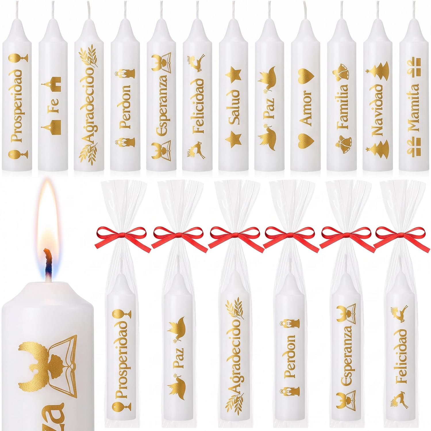 Lounsweer White 24 Pcs Colombia Candle Spell Candles Set Night Supplies 4" Tall x 1/2" Diameter Spell Taper Candles with Inspirational Inscriptions for Christmas Virgin Day Family Community