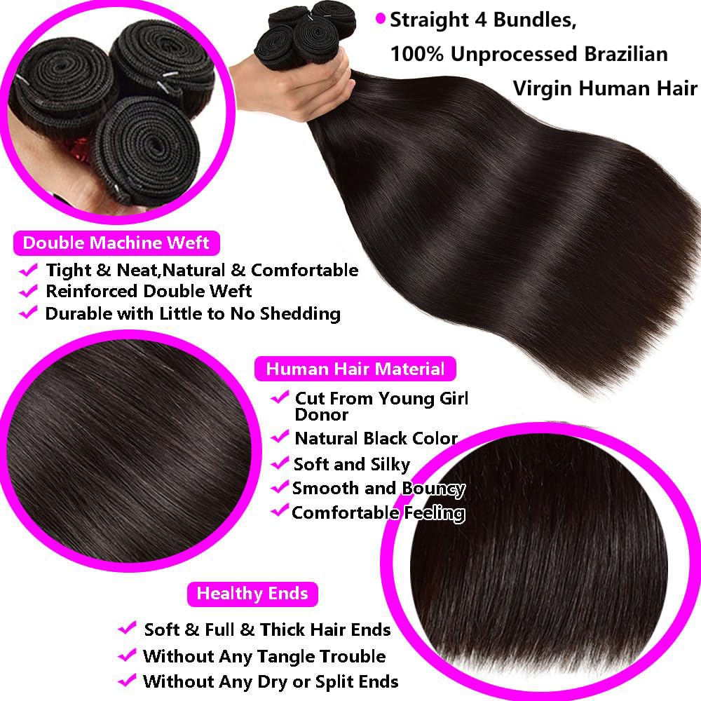 12A Brazilian Virgin Straight Human Hair Bundles, Natural Black
