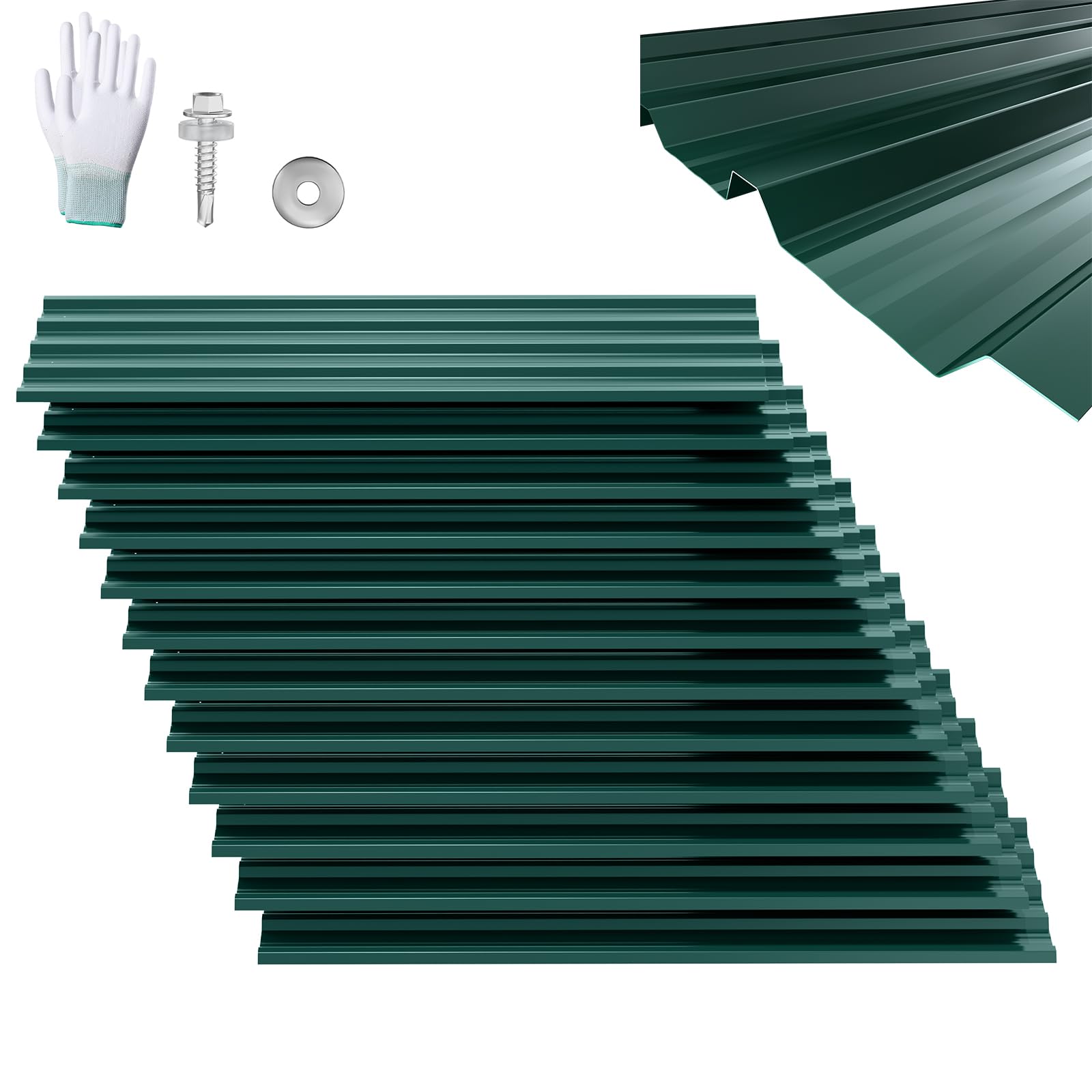 Froadp Chapa trapezoidal para techo (12 unidades, 129,5 x 45 cm, 7 m², galvanizada, chapa de acero, incluye tornillos y guantes), color verde