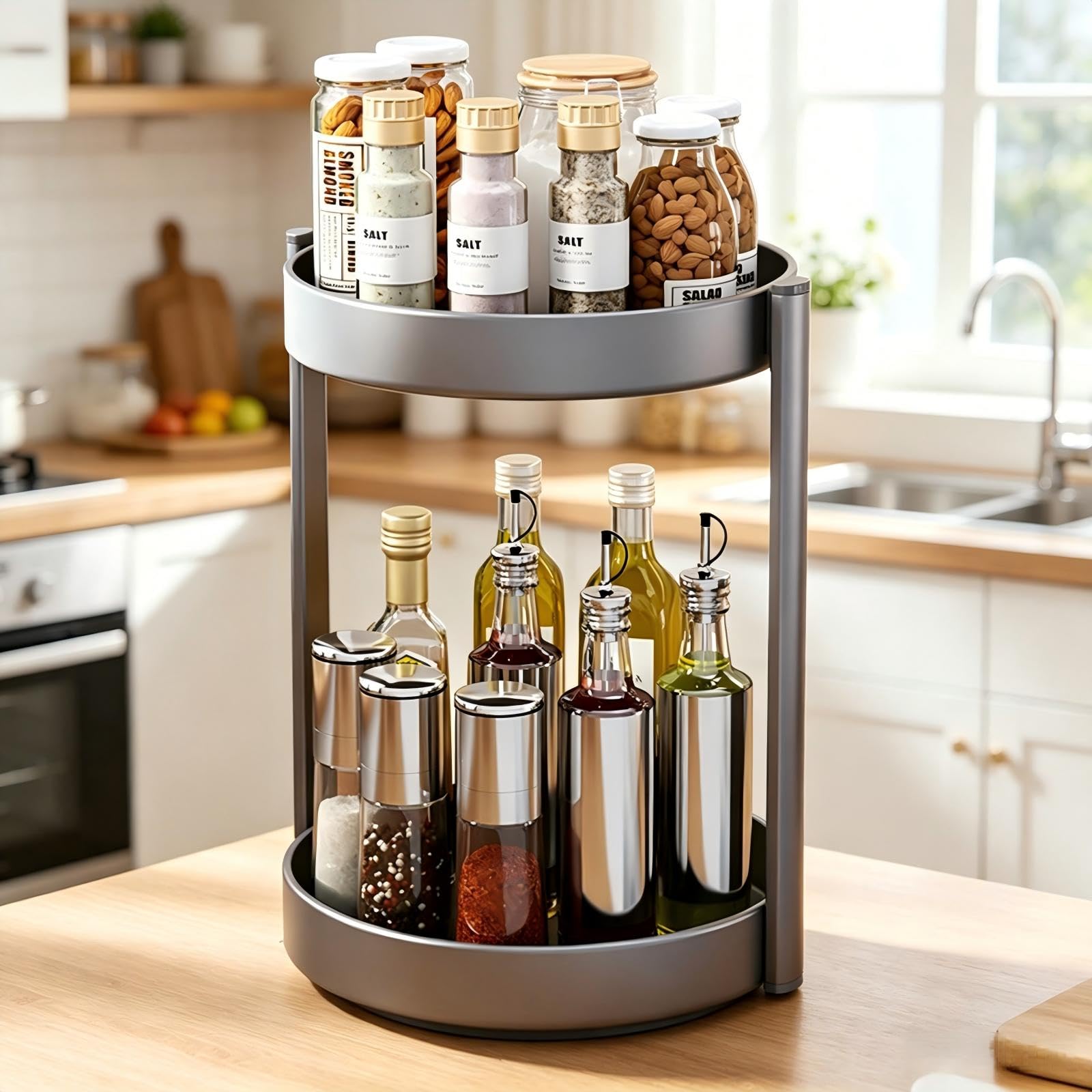 Porta Spezie per Cucina Organizer Girevole in Metallo Piatto Girevole Portaspezie 2 Livelli Organizer Sottolavello Deposito per il Bagno (Nero, 2Tiers)