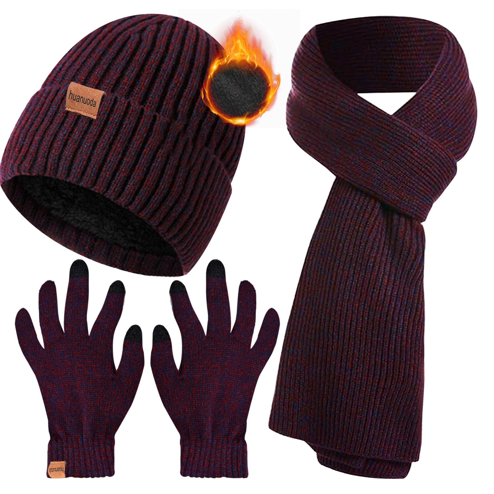 3PCS Winter Beanie Hat Scarf Touchscreen Gloves Set for Men and Women, Knitted Fleece Lined Hats Thermal Gloves Long Scarf-image-2