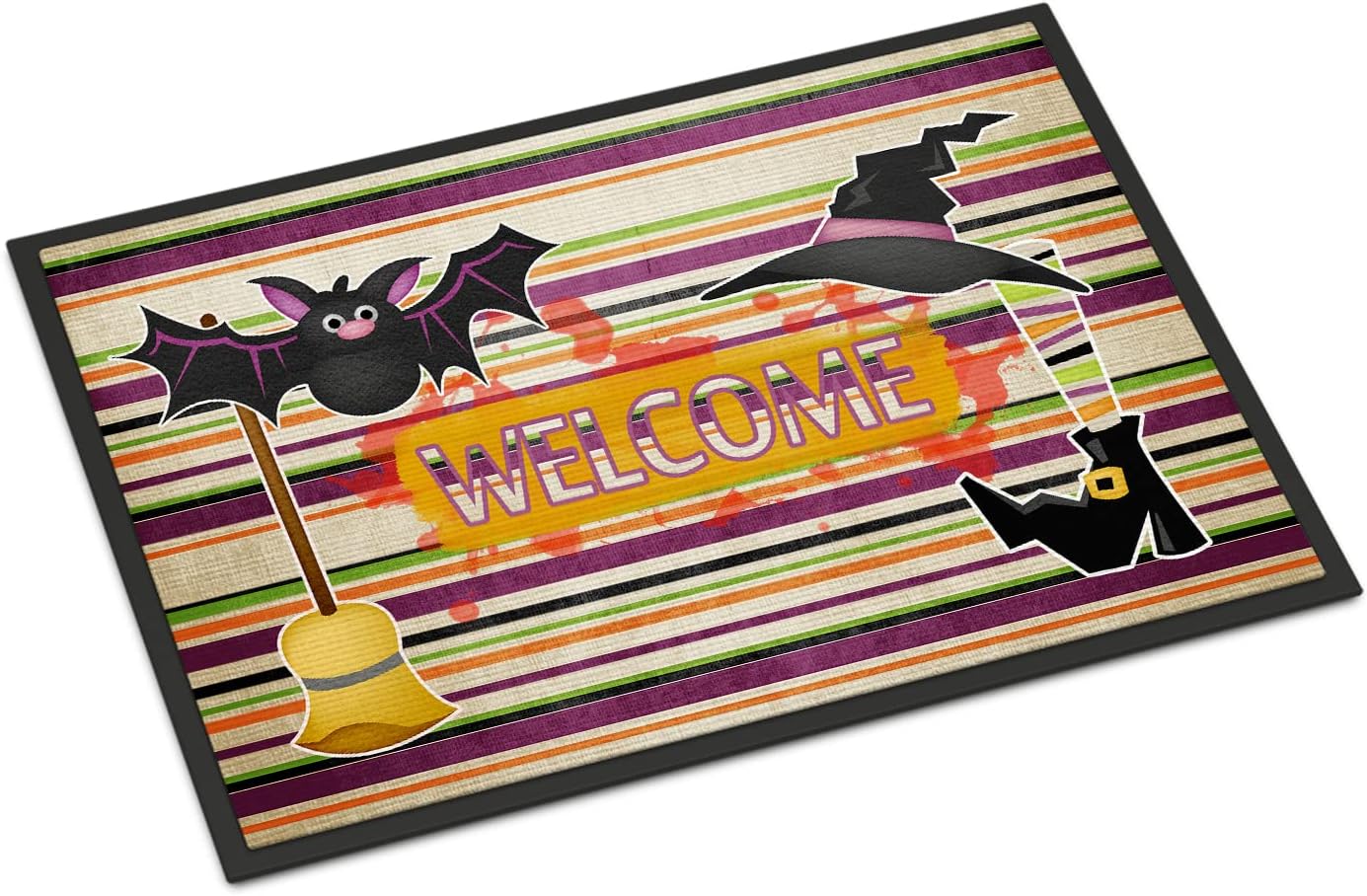 Caroline's Treasures SB3010JMAT Witch Costume and Broom on Stripes Halloween Doormat 24x36 Front Door Mat Indoor Outdoor Rugs for Entryway, Non Slip Washable Low Pile, 24H X 36W