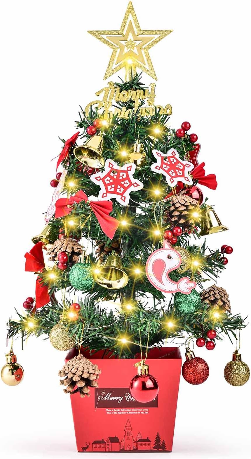 Mini Christmas Tree, 20''/50cm Artificial Tabletop Christmas Tree with LED String Lights & Ornaments DIY Xmas Pine Tree for Holiday Home Office Festival Christmas Decoration