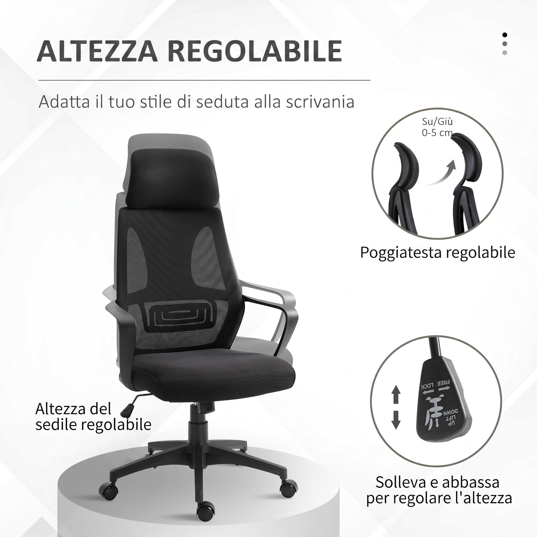 Vinsetto Sedia da Ufficio Ergonomica con Poggiatesta Regolabile Nero | Braccioli, Sedia Scrivania Girevole, Supporto Lombare, Altezza Regolabile, Funzione Dondolo, Tessuto, per Studio