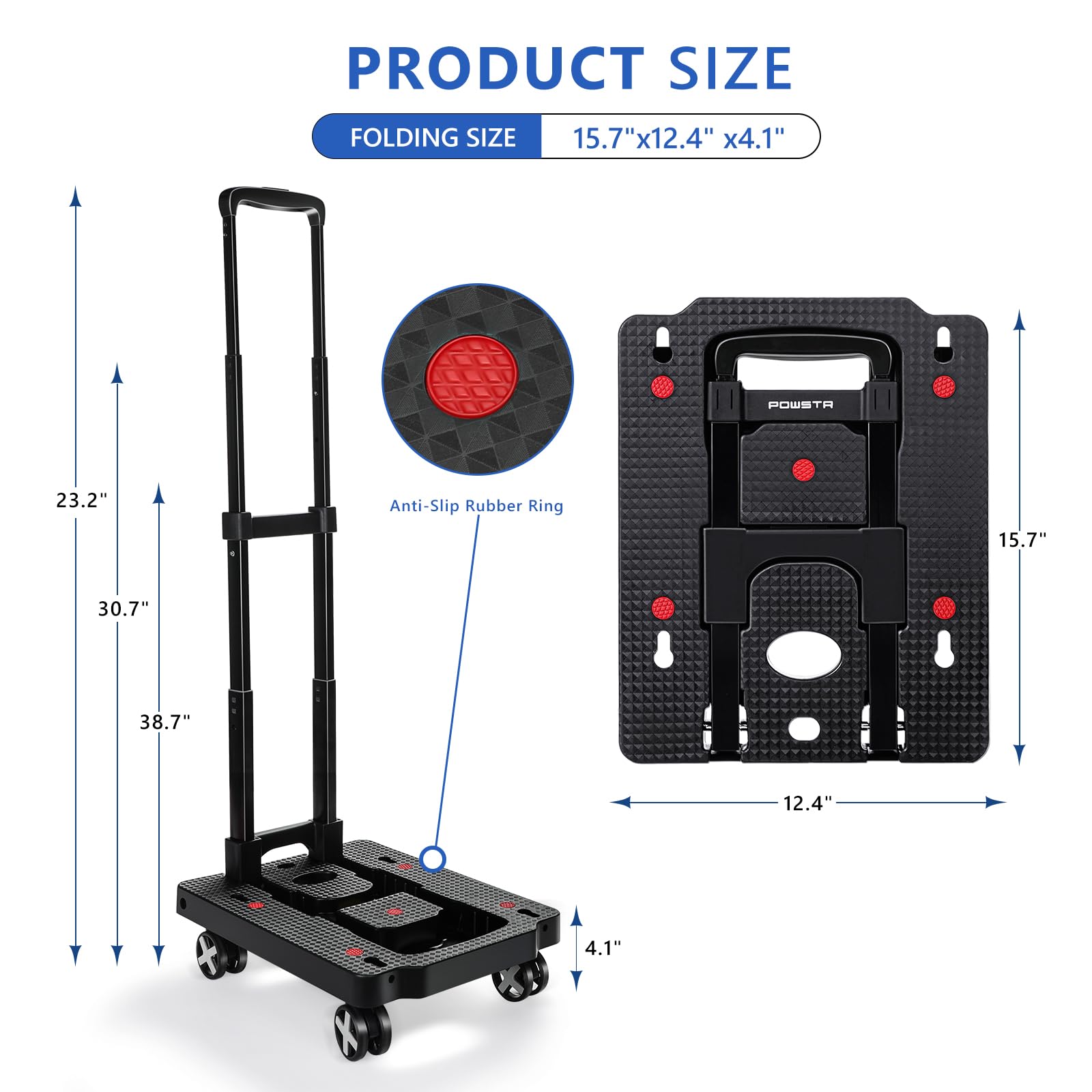 Carro de Mano, Carro de Equipaje Resistente de 120 Libras, camión de Plataforma Plegable portátil de 4 Ruedas con 2 Cuerdas elásticas para moverse, Saltar, Equipaje, Uso en Oficina, Negro