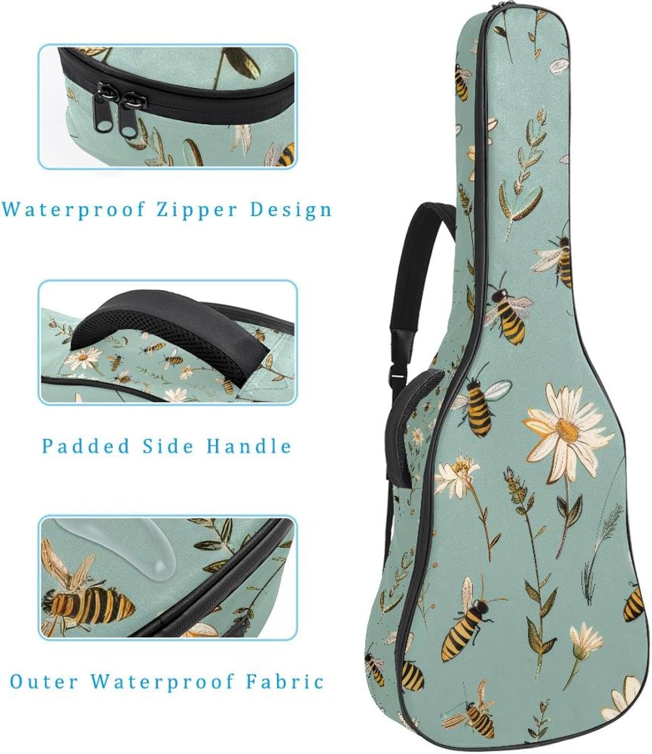 40 41 42 Inch Acoustic Guitar Bag, 0.4 In Thick Sponge Padded Guitar Case Gig Bag with Back Hanger Loop and 2 Pockets, Bees and Daisies on Green Background