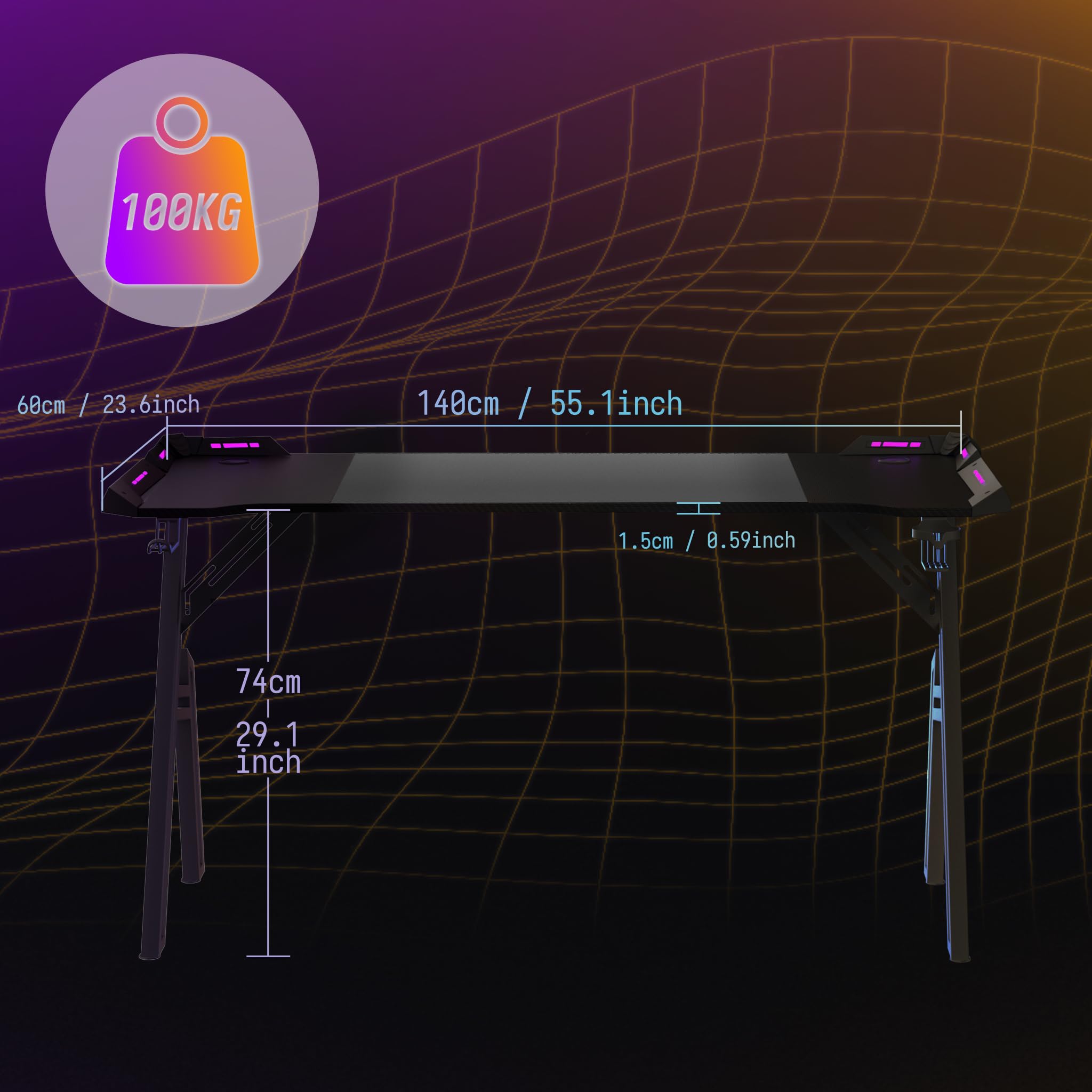 XMTECH Escritorio LED para Videojuegos, 140 x 60 cm, Mesa Gaming, PC, Marco con Superficie de Fibra de Carbono, Estable, Mesa para Gamer con Soporte para Bebidas y Gancho para Auriculares, Color