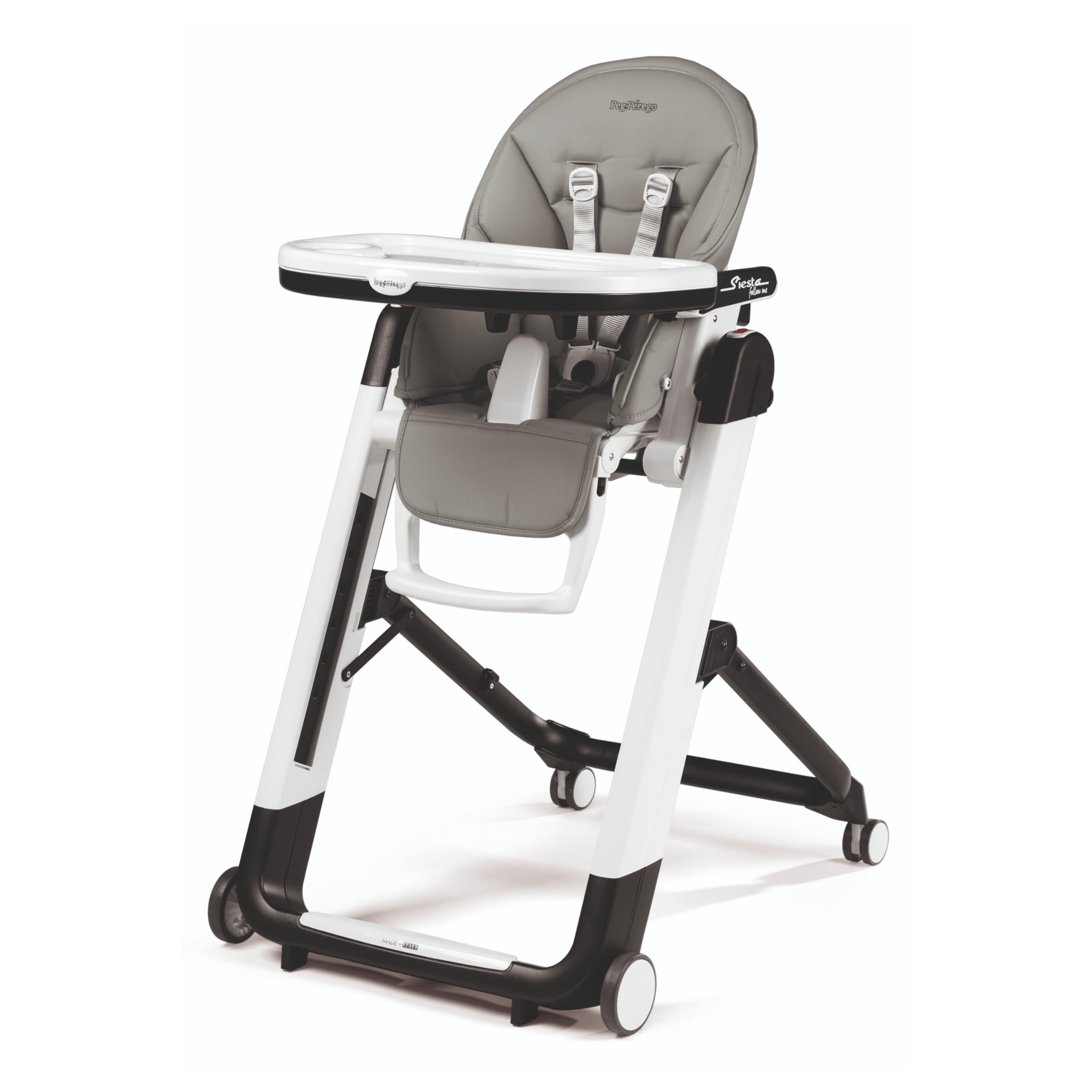 PEG Siesta Follow Me Chaise Haute dès la Naissance, Inclinable avec Fonction Transat, Double Plateau, 9 Hauteurs, 4 Roues, Pliable et Compacte, 0-3 Ans (0-15 kg), Ice