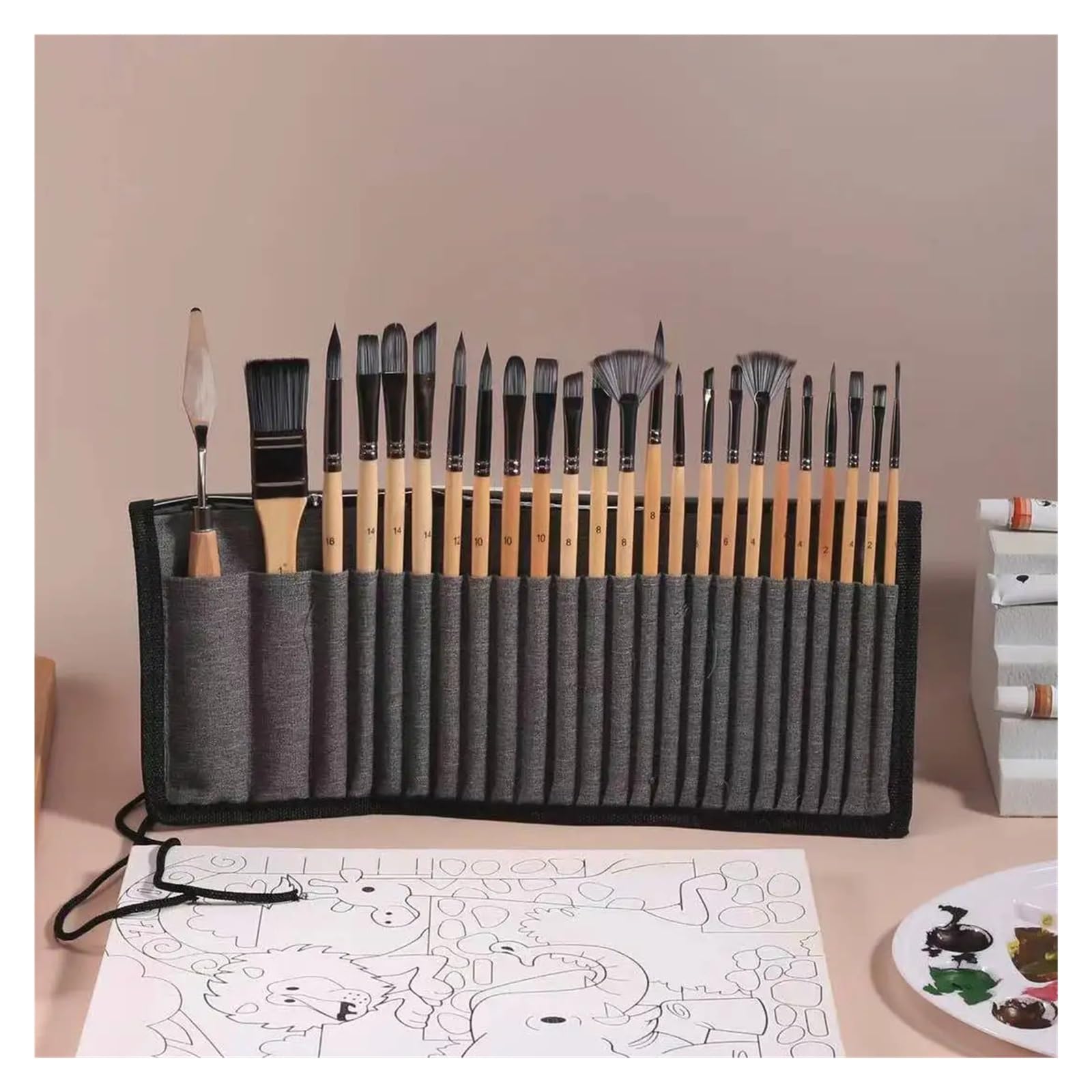 Ensemble de pinceaux Peinture d'artiste à Tige Courte en Poils Bouleau Nylon, 24 pièces, Applicable l'aquarelle et la Acrylique, Fourniture d'art