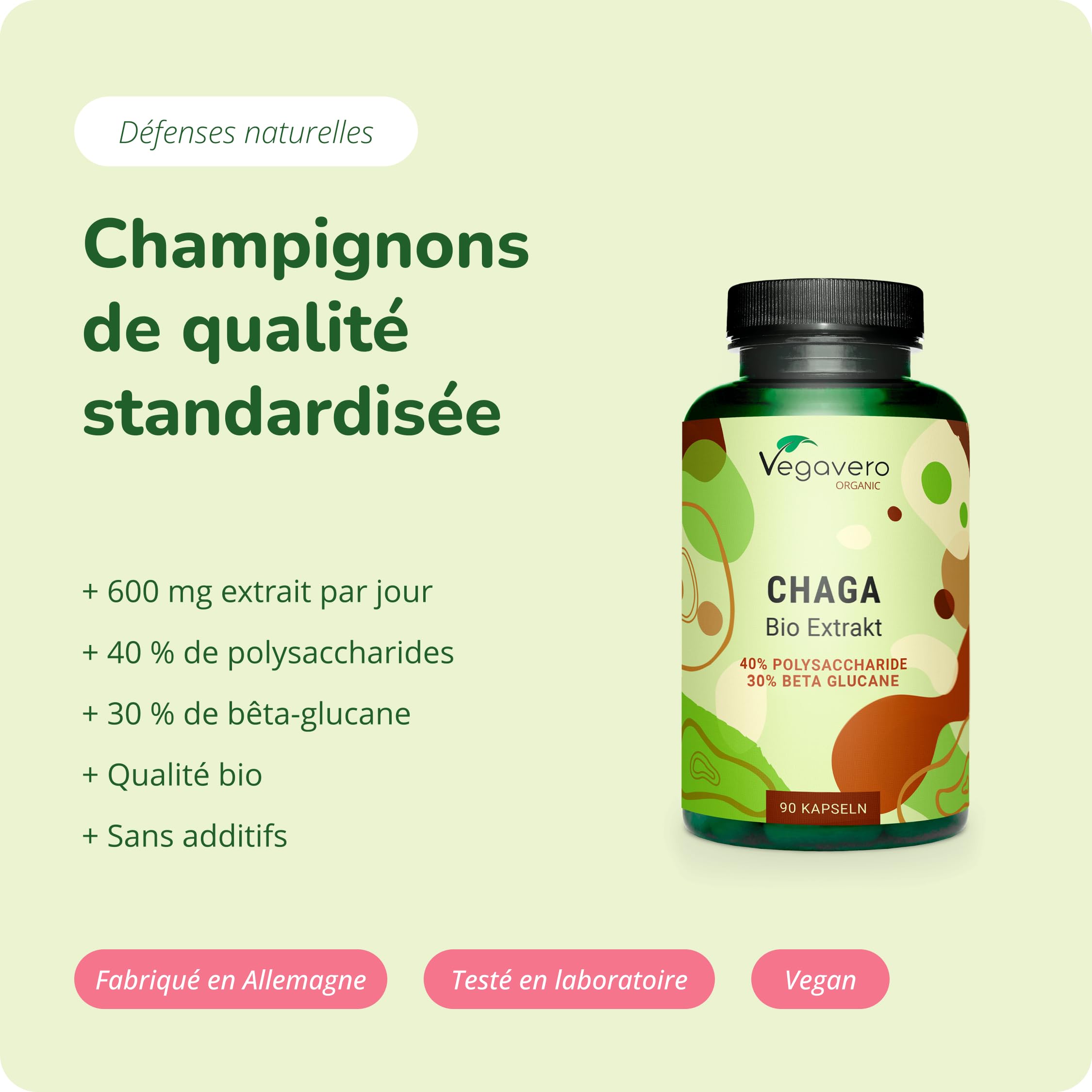 Chaga BIO Vegavero® | 12.000 mg de Poudre (1200 mg d'Extrait 10:1) | 40% Polysaccharides & 30% Bêta-Glucanes | 120 Gélules | Sans Additifs & Vegan