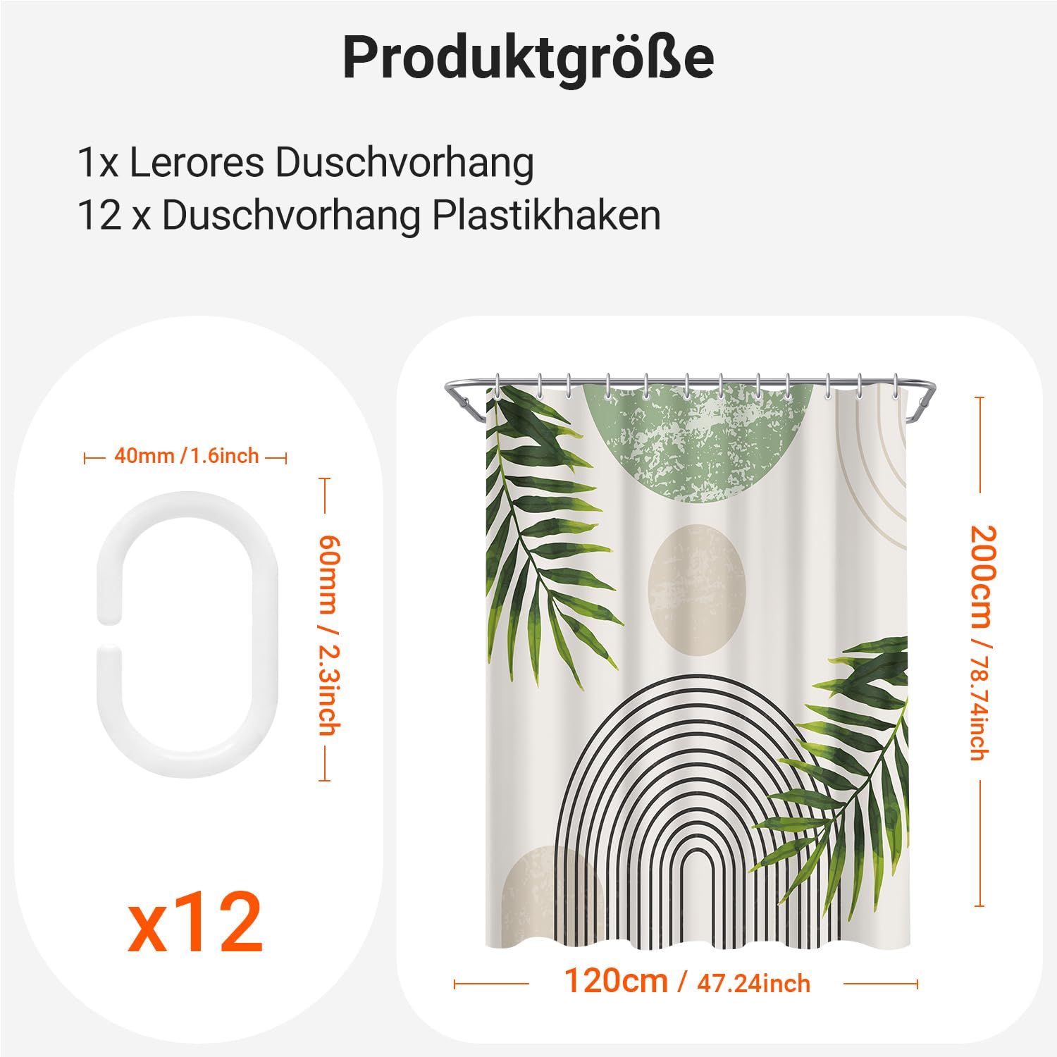 Lerores Shower Curtain, 120 x 200 cm, Green Leaves Line, Weighted Hem, Anti-Mould Textile, Water-Repellent - Image 2