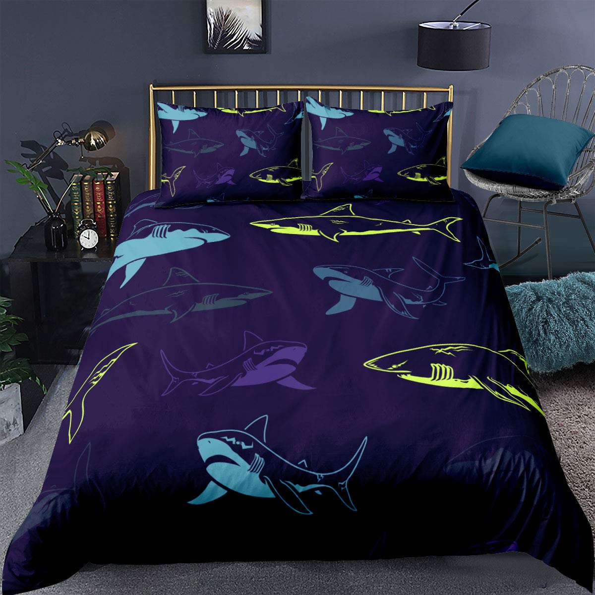 Loussiesd Shark Comforter Cover,The Underwater World Watercolor Colorful Shark Family,Decorative 3 Pieces Bedding Set Double(1 Duvet cover Set & 2 Pillow Shams)