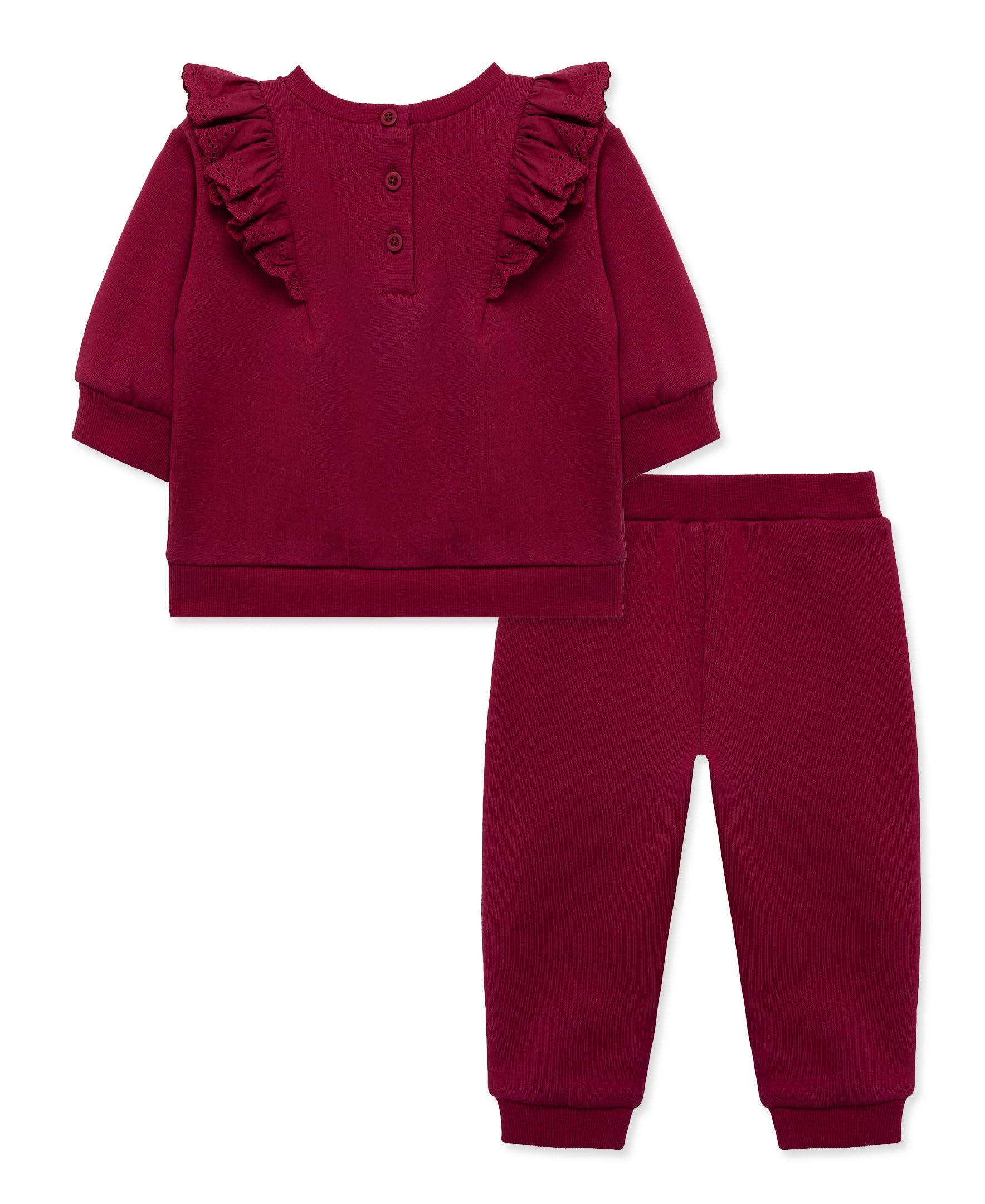 Little Me Simply Essential Solids Organic Cotton Blend Clothes for Baby Girls' Burgundy Organic Cotton Fleece Sweatshirt and Pant Set, Anemone, 24 Months