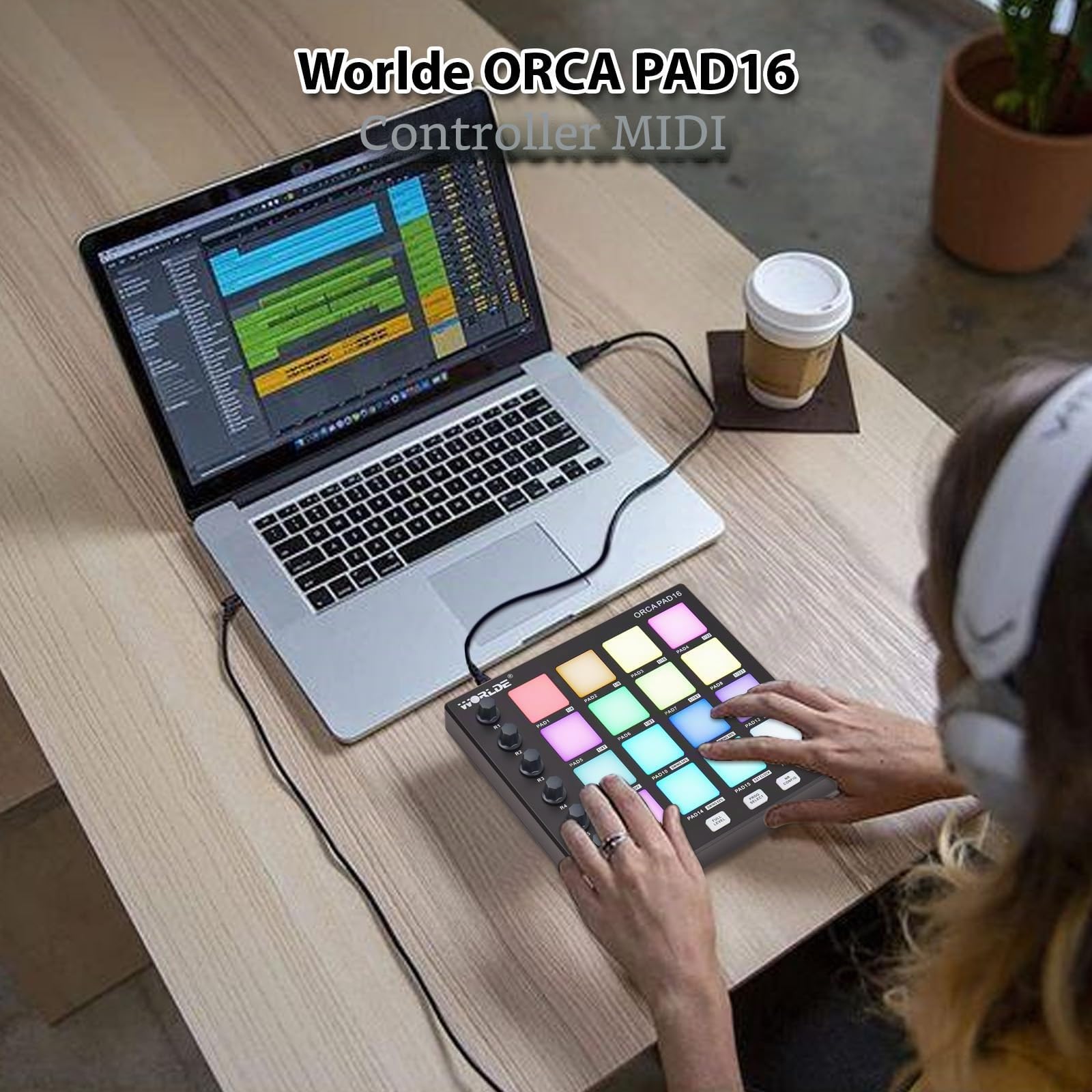 HUIOP Controller MIDI Beat Maker Machine 6 manopole assegnabili Ripetizione delle note Pulsanti a livello completo e software di produzione Mini controller MIDI portatile Pad USB per produzione,Contro