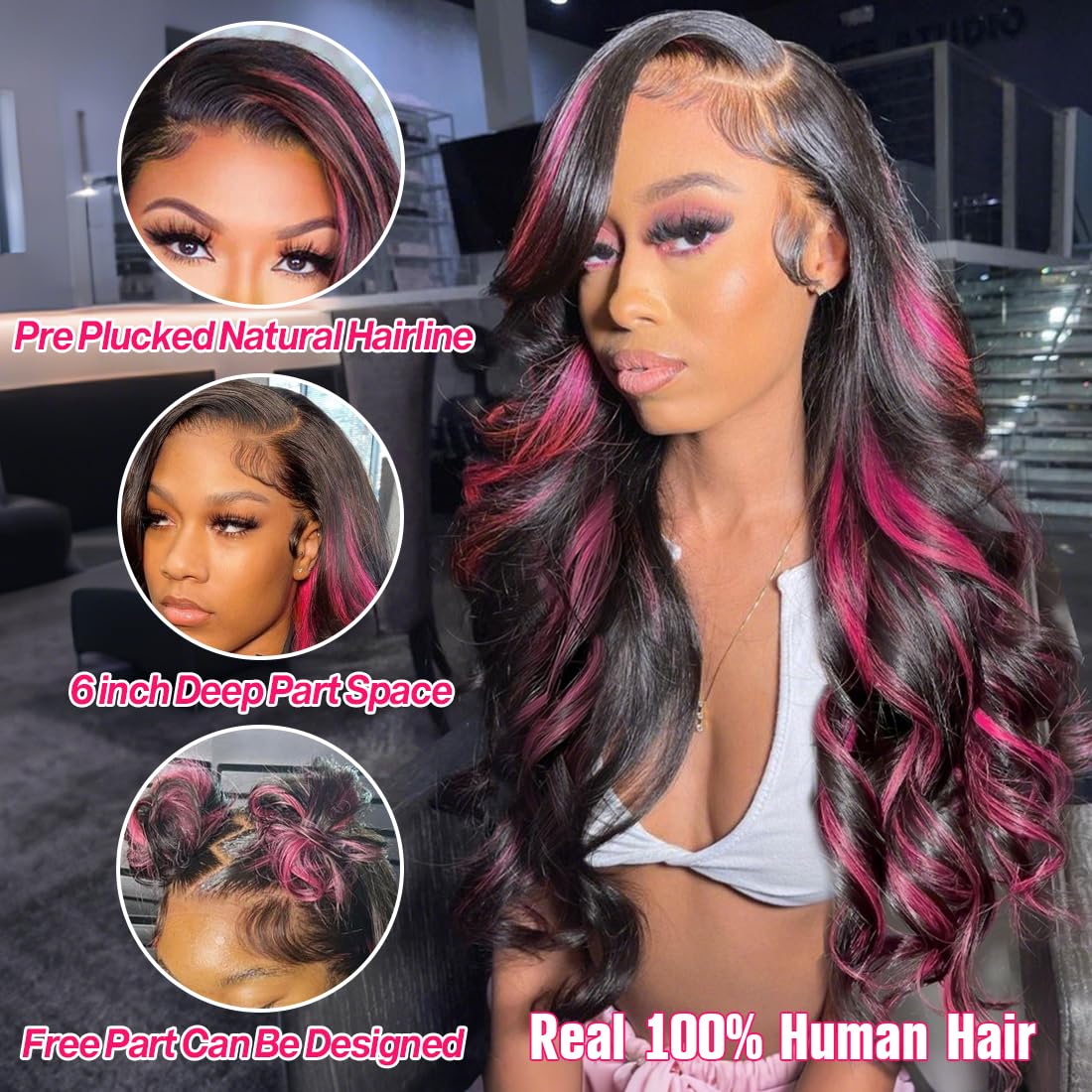 Ombre Lace Front Wig Human Hair Pre Plucked 200% Density HD Lace Front Wigs Human Hair 1B/Pink 13x6 Body Wave Human Hair Glueless Wigs Skunk Stripe Human Hair Wig 20 Inch