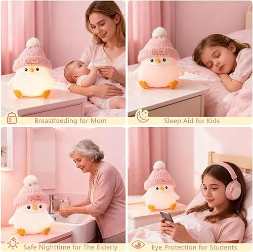 Miniatura 5 de Luz nocturna de silicona de pingüino, bonita lámpara de pingüino rosa con sombrero, luz nocturna de guardería para bebé, recargableregulable,