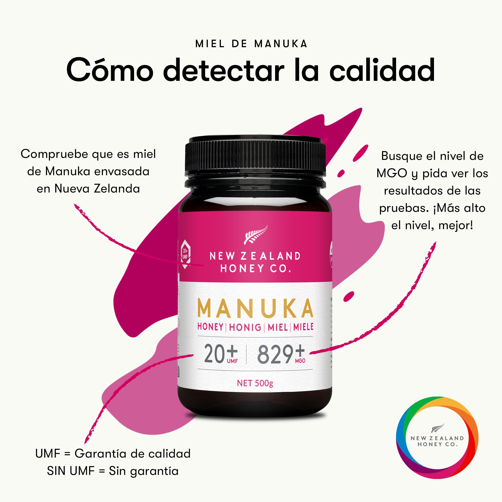 New Zealand Honey Co. Miel de Manuka MGO 829+ / UMF 20+ - 500g Tamaño Familiar - Origen Nueva Zelanda con Enzimas y Pólenes Naturales - Miel Monofloral Certificada UMF