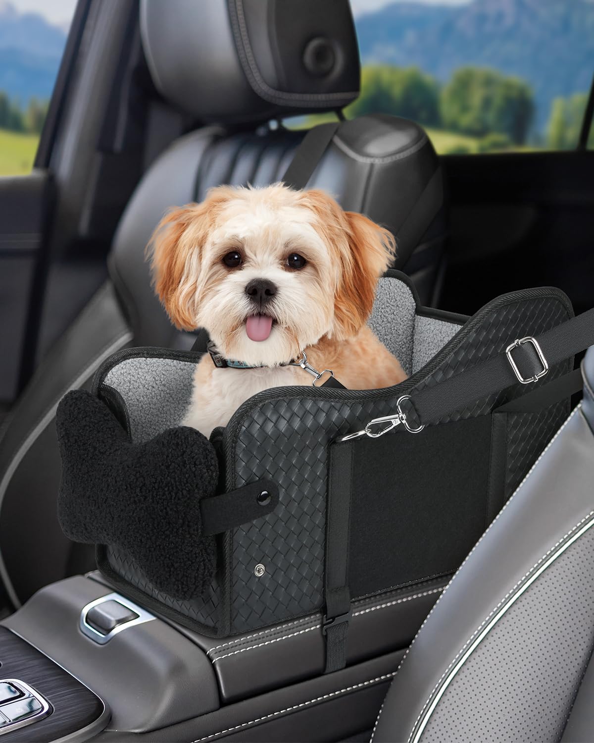 Console centrale per cani, seggiolino auto per animali domestici, bracciolo console centrale, trasportino da viaggio per cani di piccola taglia e gatti (pelle nera)
