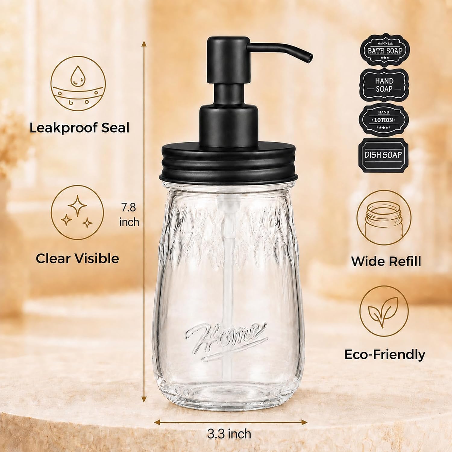 17 oz Mason Jar Soap Dispenser with Stainless Steel Pump,Black,1 Pack