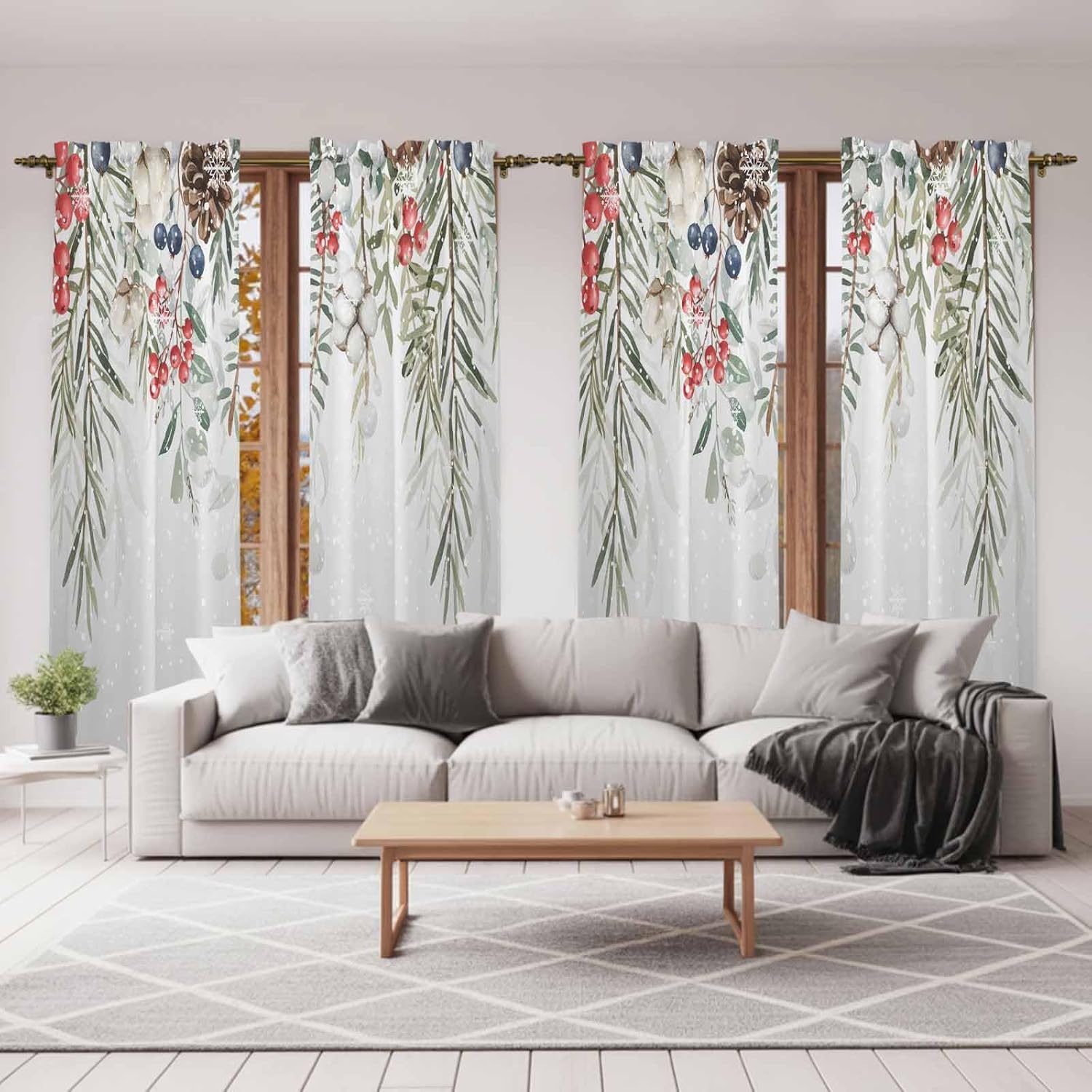 Sage Green Christmas Window Curtains 72 Inch Long 2 Panel Set,Rod Pocket Long Curtains & Drapes,Weeping Xmas Berry Floral Snowflake Light Filtering Window Treatment for Bedroom Living Room 52"W x 72"L