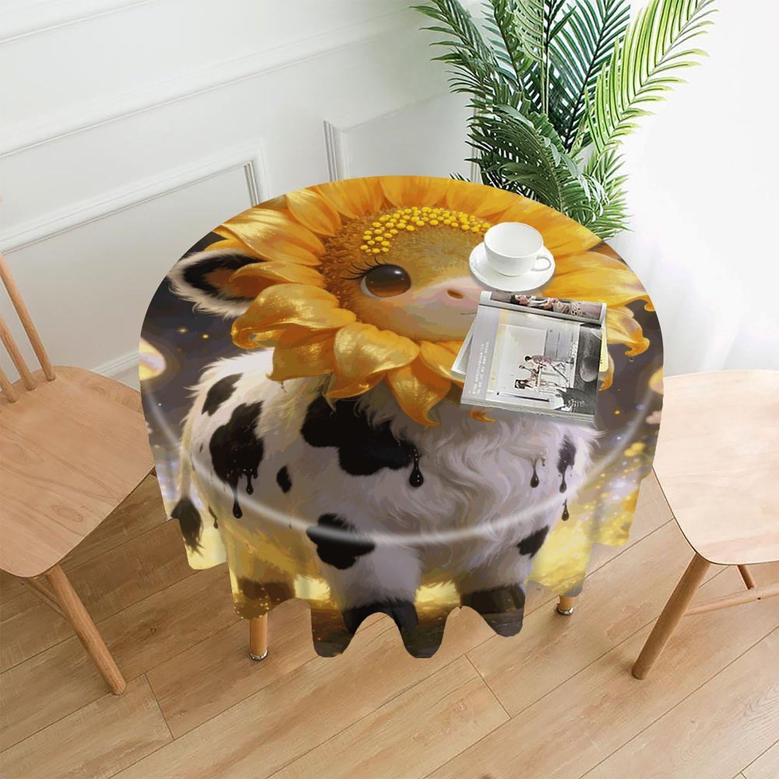 LDGSUPH Sunflower Cow Round Tablecloth Cover Washable Luxurious Fabric Table Cover Decor Wrinkle Free Fashion Round Table Cloth for Home Dining Kitchen Party 60 in