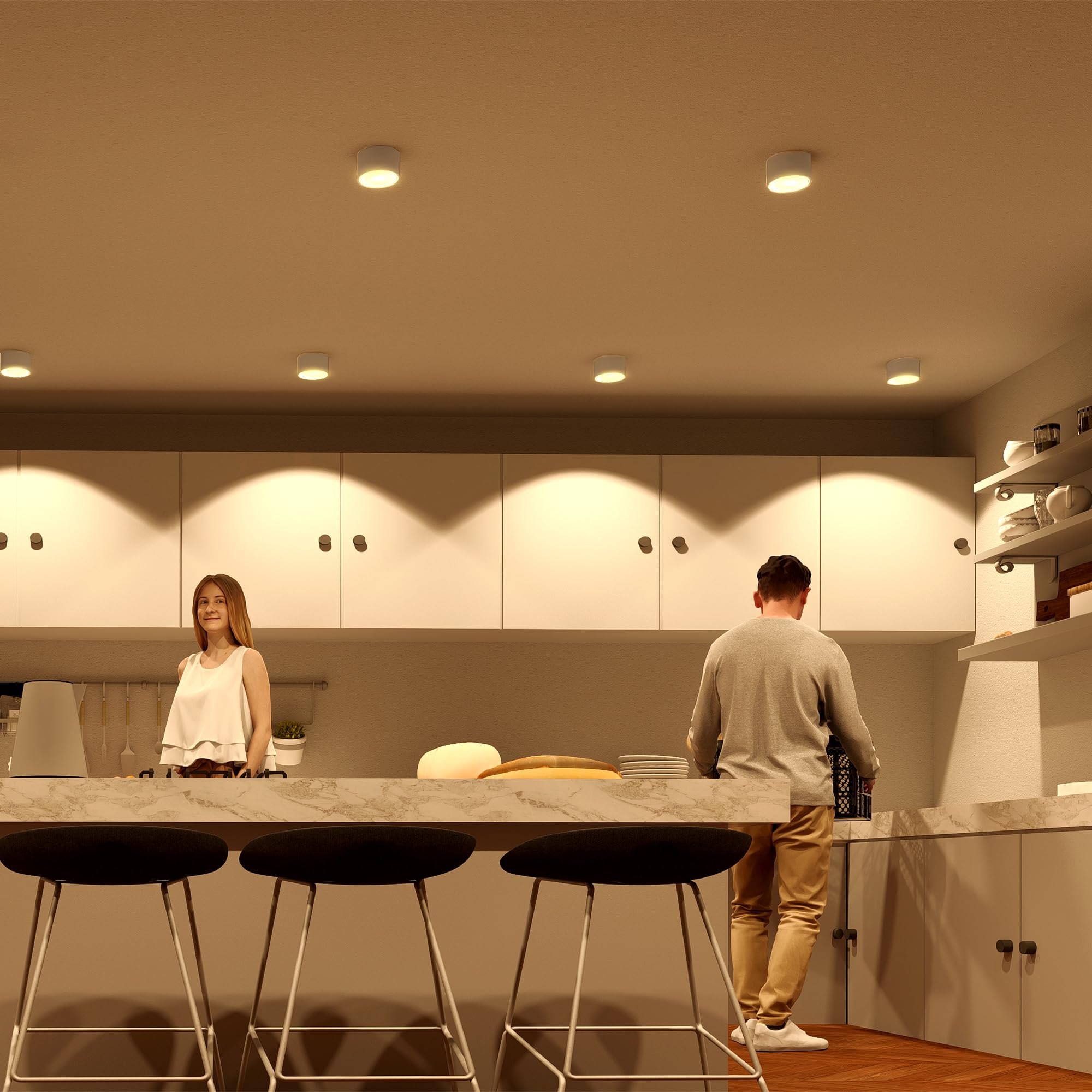 SSC-LUXon 4 Stück CELI-X Aufbauleuchte LED flach mit schöner Lichtfläche - LED GX53 warmweiß 3W 230V - Decken Aufbauspot weiß rund