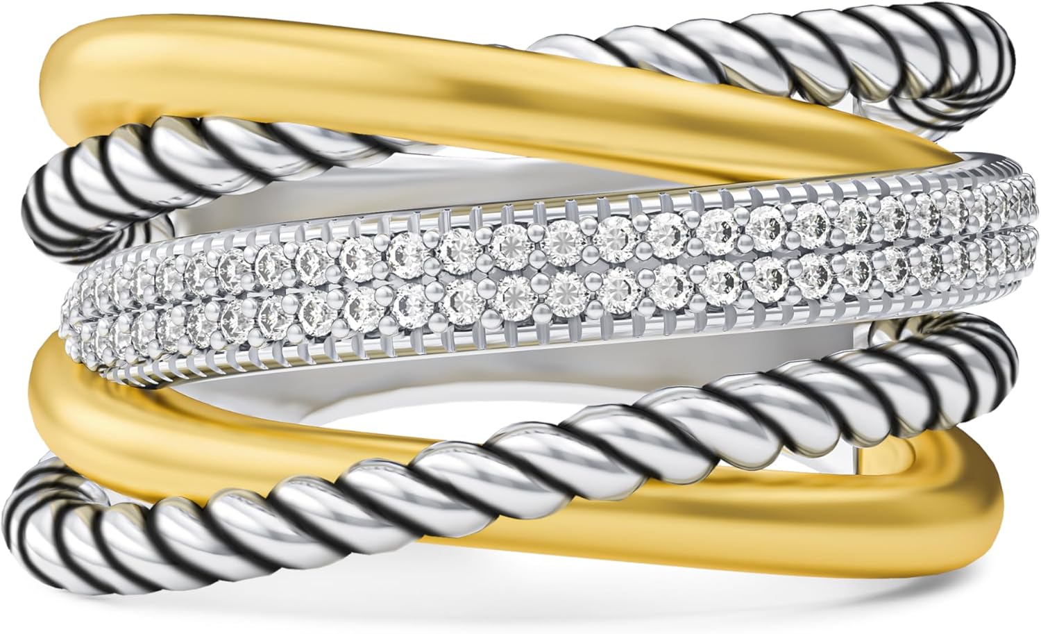 Mytys Multi-Band Twisted Cable Ring - Tri-Tone Crystal Pave Crossover Statement Ring for Women, Stacked Ring Design