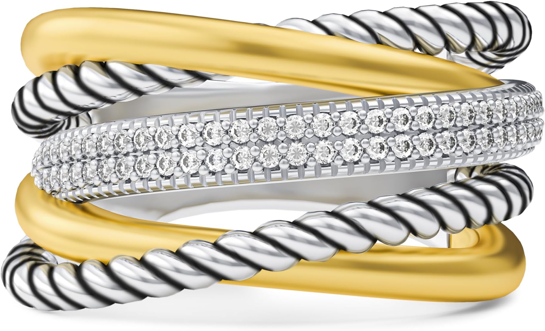 Multi-Band Twisted Cable Ring - Tri-Tone Crystal Pave Crossover Statement Ring for Women, Stacked Ring Design