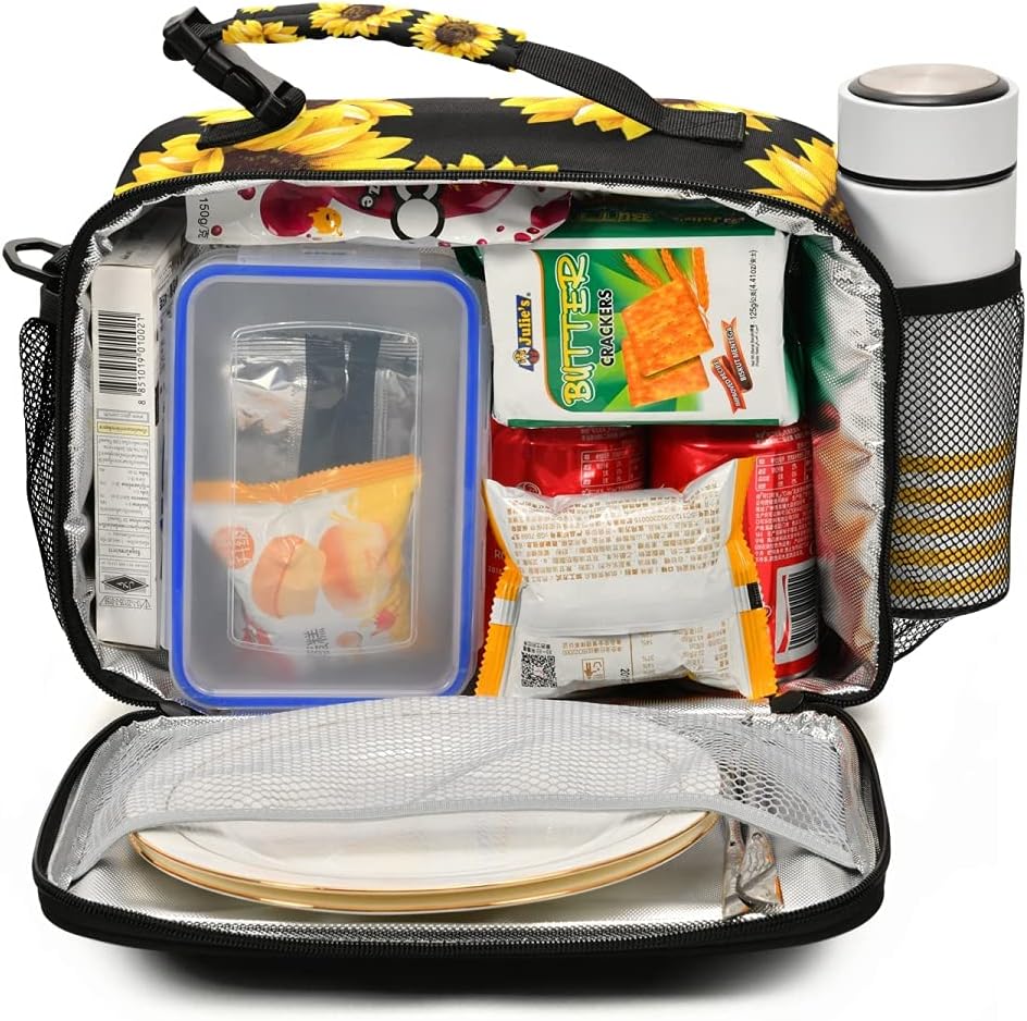 senya Sunflower Black Lunch Bag Insulated Reusable Tote Bag for Girls Boys Women Men Thermal Cooler Bag with Adjustable Strap for Work School