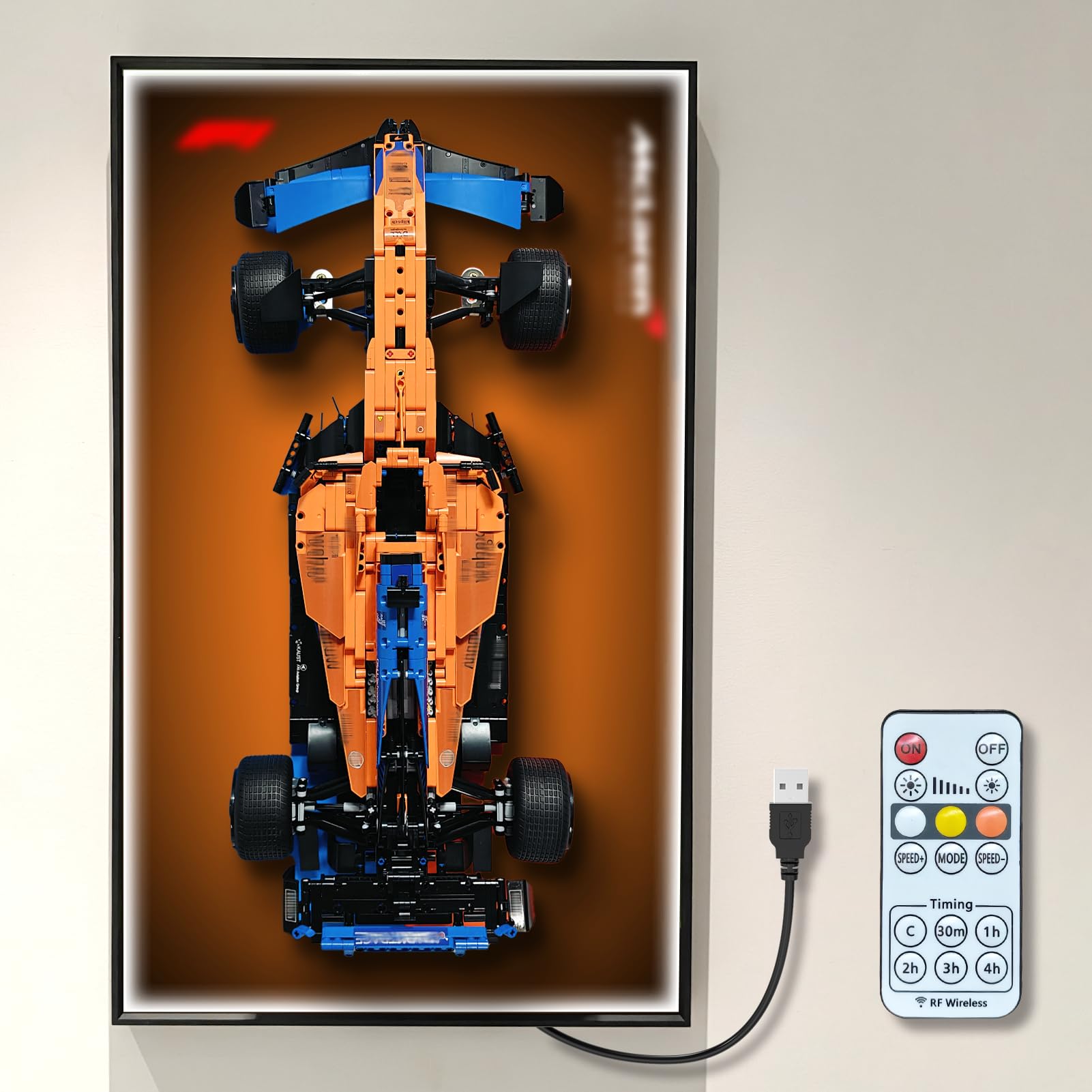 NOVDA Display Frame Compatible with Lego McLaren F1 Race, LED Light with 3 Colour Temperatures & Remote Control, Wall Mount Board for 42141, 29.5x17.7 In for Home/Office (Excluding models)