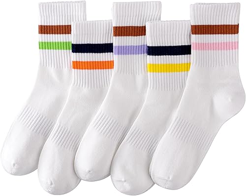 HONGTEYA Cotton Crew Socks for Women Cute Retro Striped Socks 5 Pairs with Arch Support Casual Athletic Vintage (Multicolor)