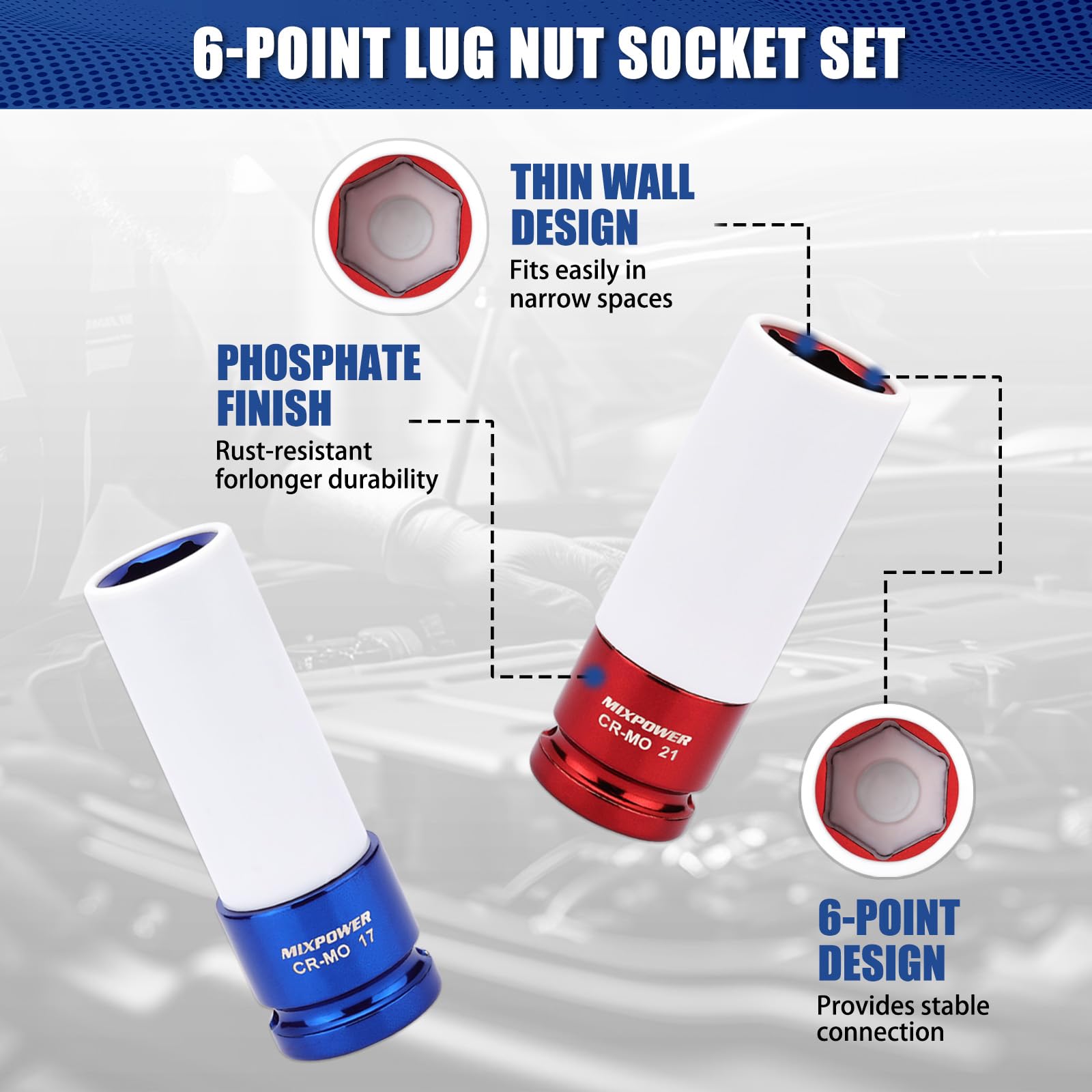 MIXPOWER Juego de 4 llaves de vaso de impacto con protector de rueda de transmisión de 1/2 pulgada, juego de 4 llaves de vaso de impacto profundo de pared fina, casquillo de tuerca de plástico
