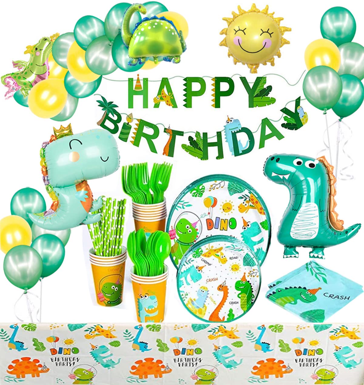 Moonmen Party Supplies Set Disposable Christmas Tableware with Balloon, Foil Paper Plates Napkins Cups Straws for Weddings, Anniversary, Birthday (Serves 16) (Green Dinosaur Theme)