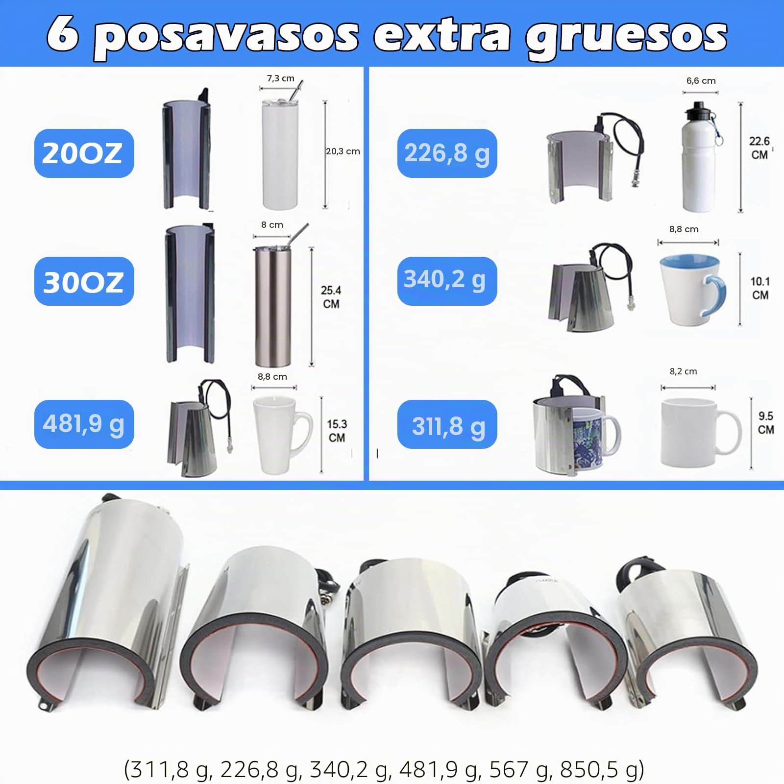 OUKANING 6 en 1 Prensa Térmica para Tazas 8-30oz Sublimacion Tazas Maquina 600W Control de Temperatura y Tiempo, Máquina de Prensado de Tazas, Prensa de Calor para Tazas de cerámica/vidrio/metal(Azul)