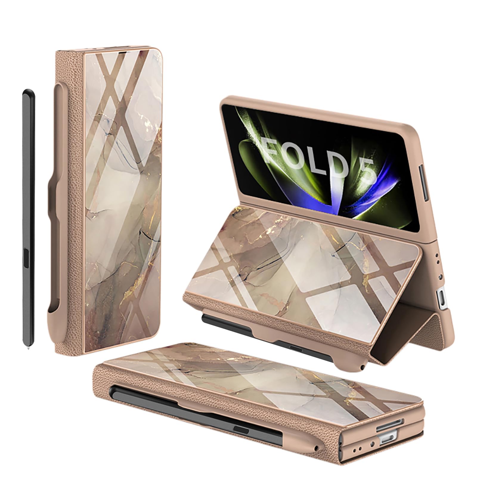 Breclar for Samsung Galaxy Z Fold 5 Case with [Fold5 Edition S-Pen Pocket] Colorful Plating Glass Crystal Hybrid Leather Built-in HD Screen Protector All-Inclusive Case for Z Fold 5 (Champagne Gold)