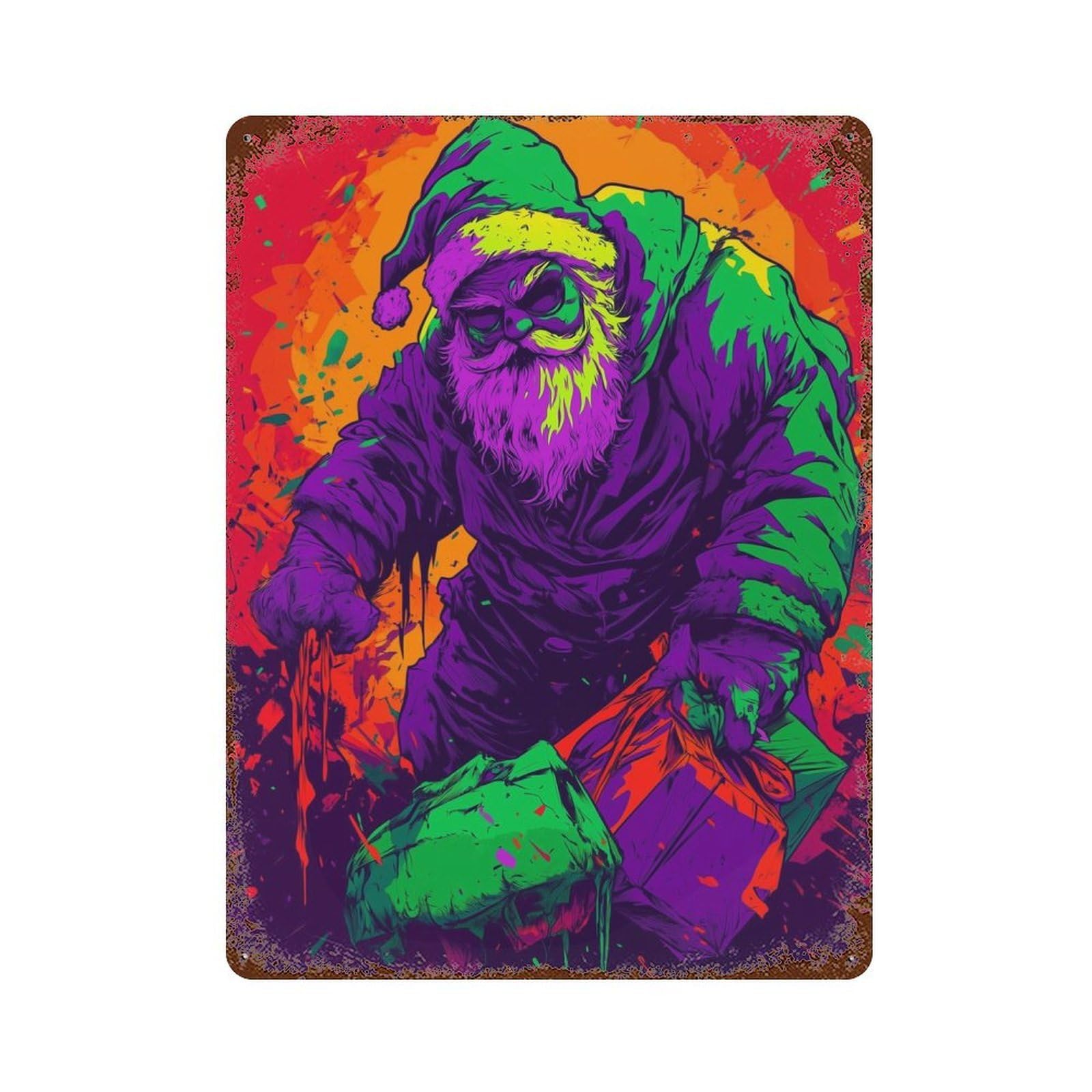 Evil Santa Claus Aged Metal Wall Plaque 15.7"x11.8", Industrial Home Decor for Pub, Kitchen And Man Cave Decor