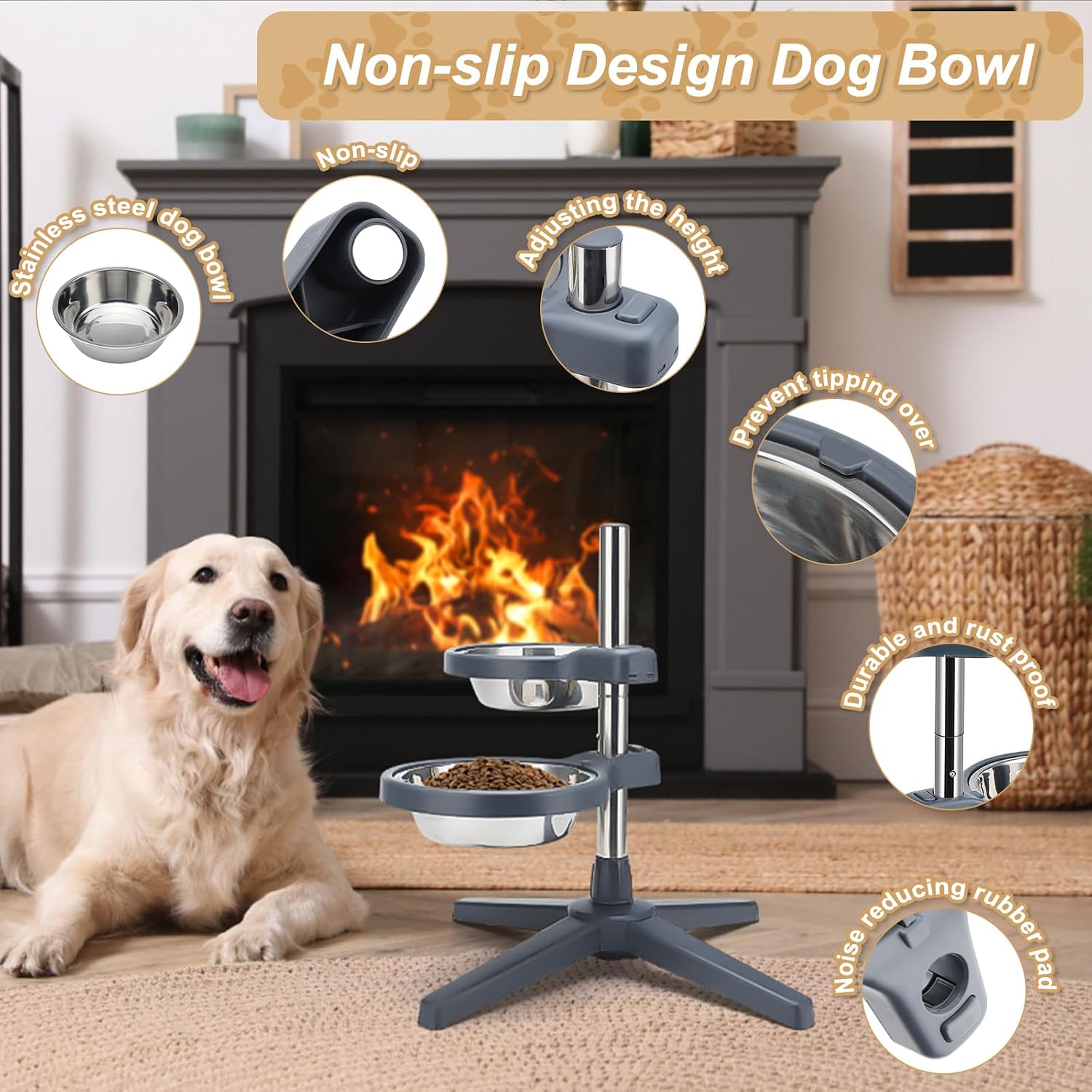 Elevated Dog Bowls Stainless Steel Elevated Dog Bowl Adjustable Height (5.51" to 17.72") Suitable for Medium Large Dogs & Cats Comes with 2 Stainless Steel Dog Bowls Diameter 7.87"