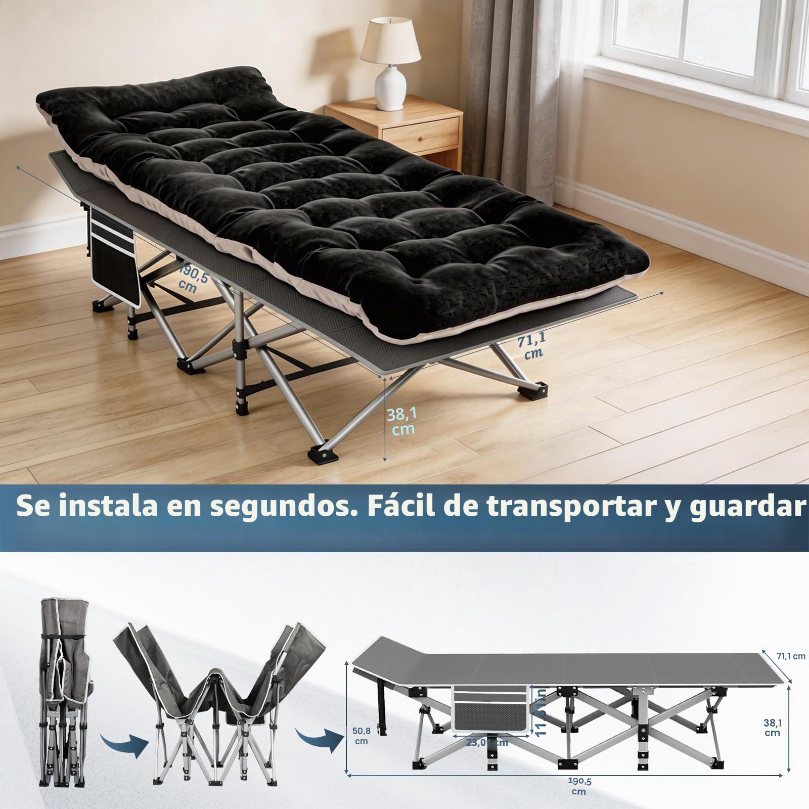 Cama de Camping para Adultos con cojín cómodo: Cama Plegable con colchón, Cuna de Camping portátil y compacta con Bolsa de Almacenamiento para Dormir, para Viajes al Aire Libre